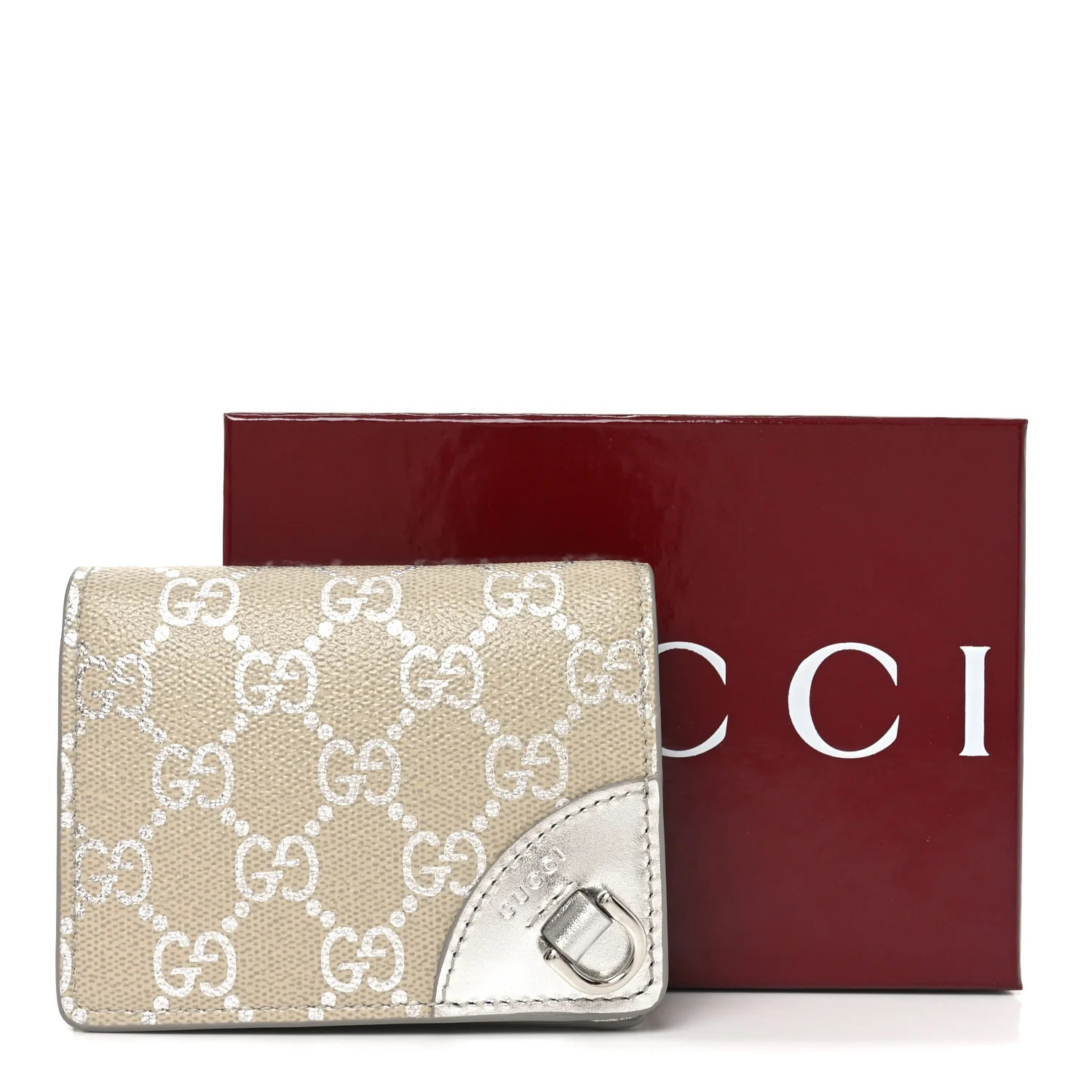 GG Supreme Monogram Metallic Calfskin Emblem Small Wallet Beige Silver - Image 7