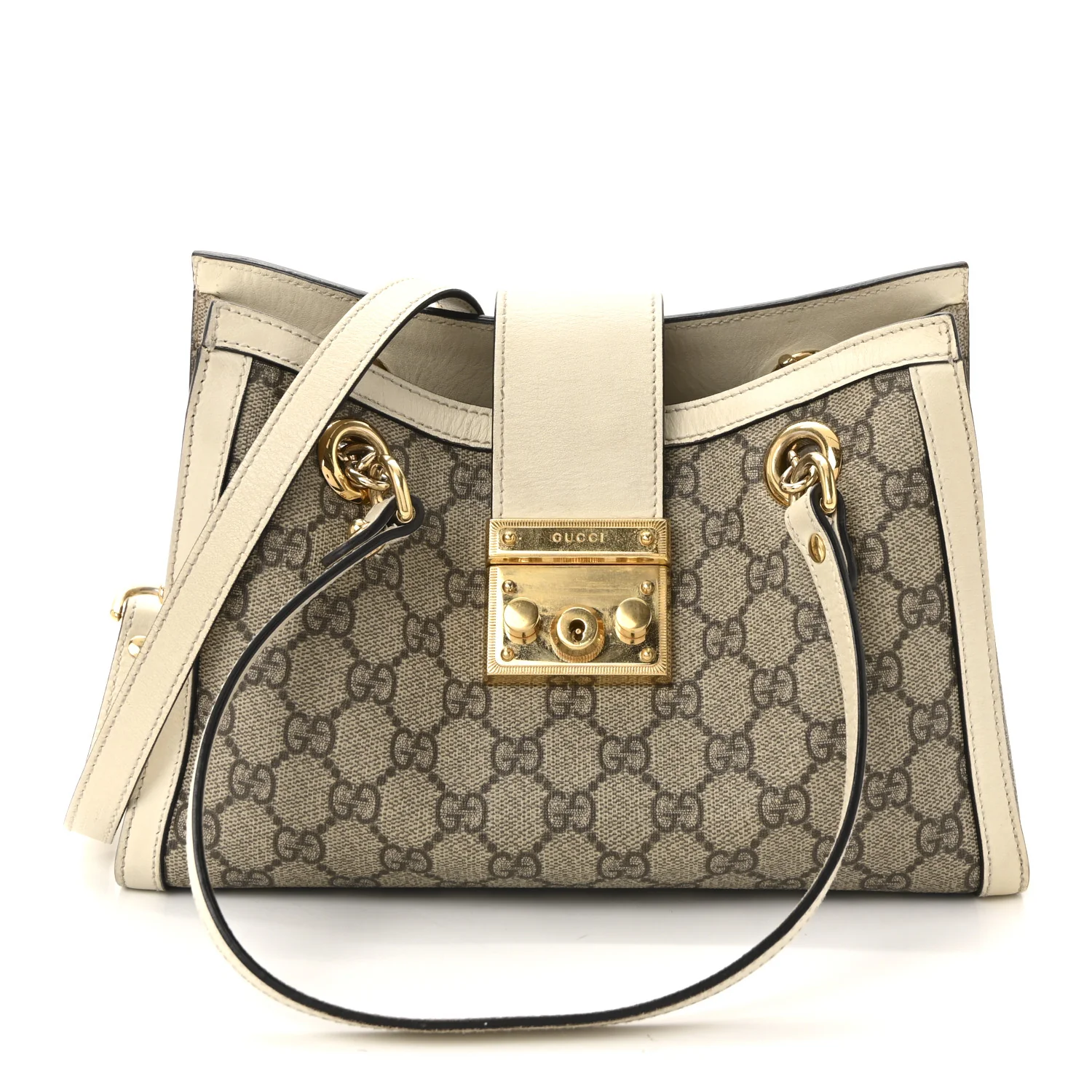 GG Supreme Monogram Moon Calfskin Small Padlock Tote Beige Ebony Mystic White