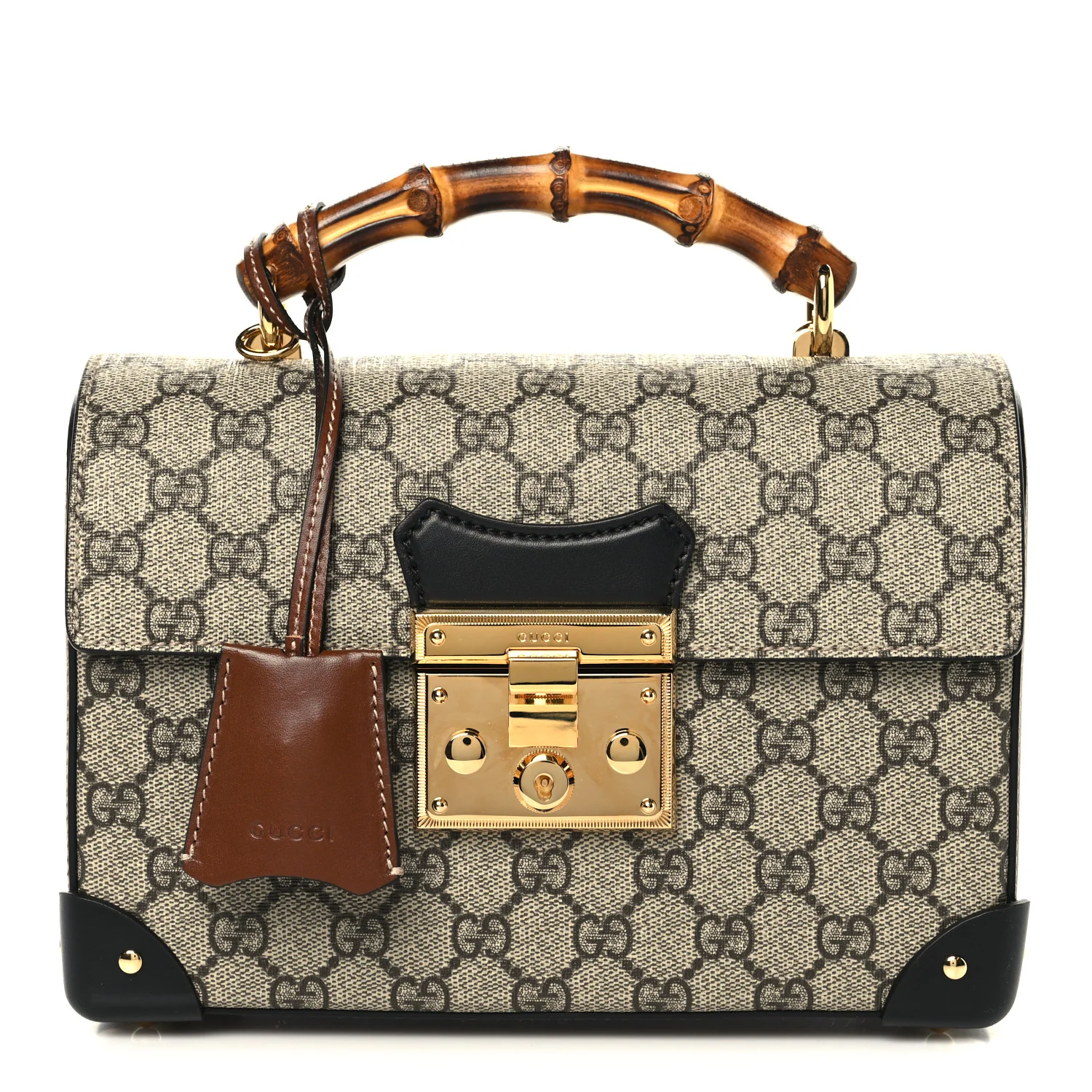 GG Supreme Monogram Small Padlock Bamboo Shoulder Bag Beige Black Cuir