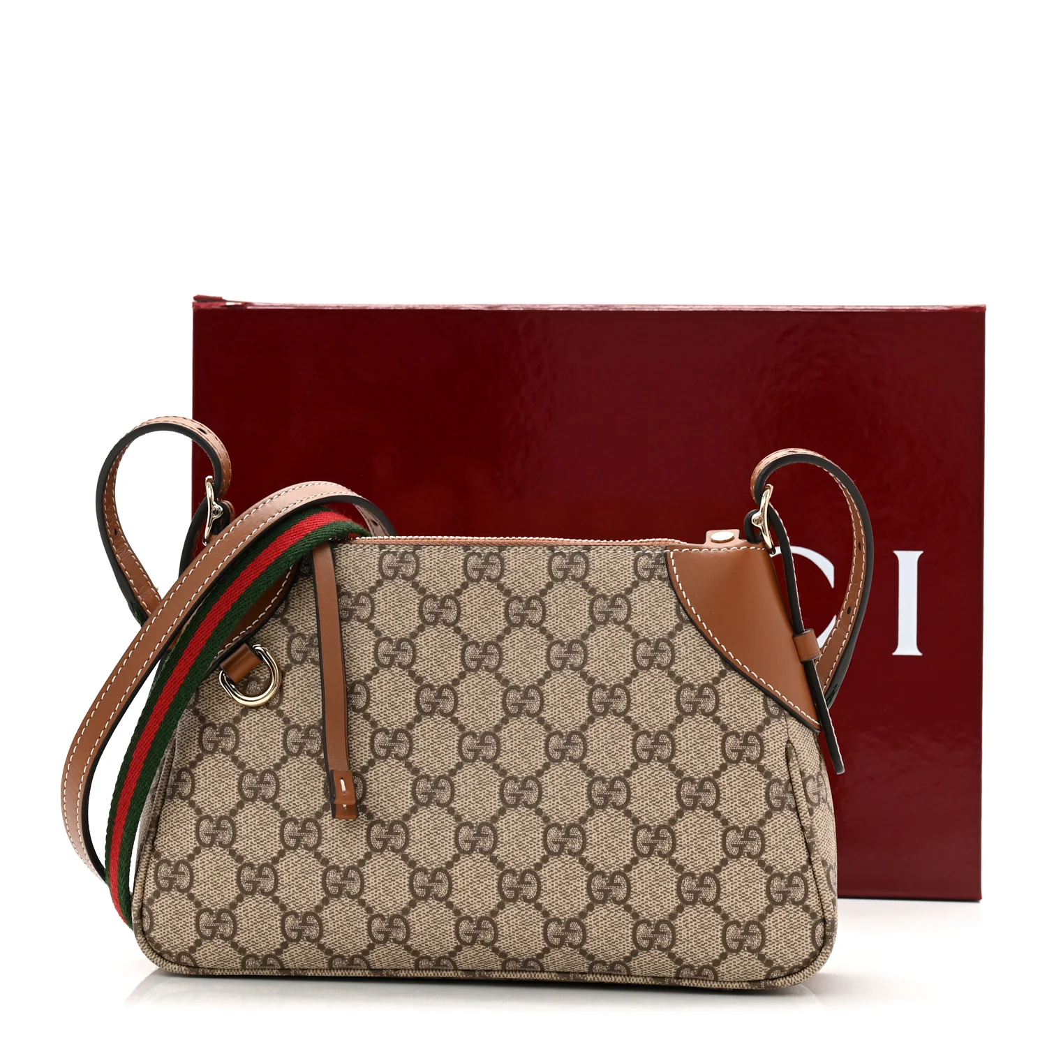 GG Supreme Monogram Textured Calfskin Small Emblem Shoulder Bag Beige Dark Brown - Image 11