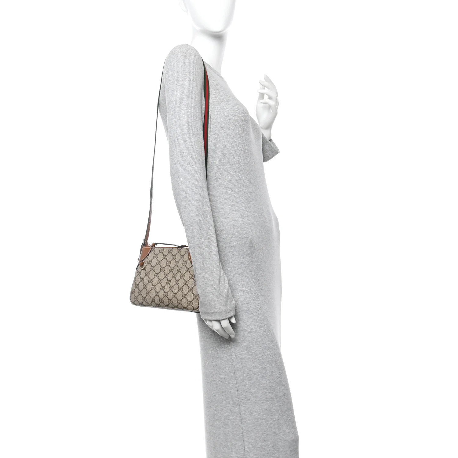 GG Supreme Monogram Textured Calfskin Small Emblem Shoulder Bag Beige Dark Brown - Image 2