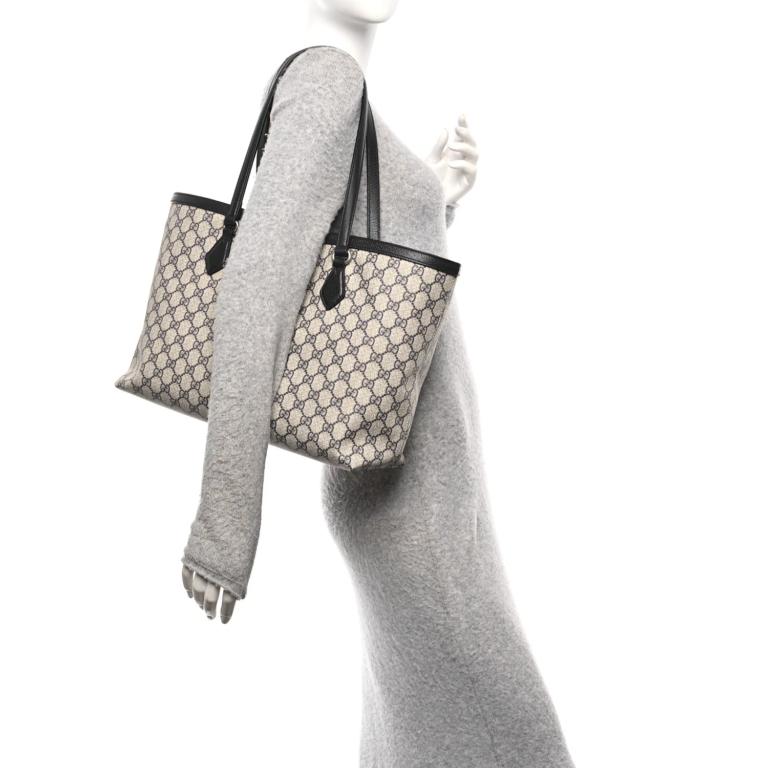 GG Supreme Monogram Textured Calfskin Web Medium Ophidia Shopping Tote Beige Blue - Image 2
