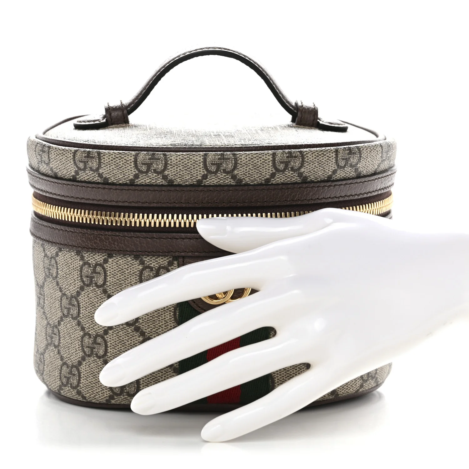 GG Supreme Monogram Textured Calfskin Web Ophidia Vanity Cosmetic Case Beige Ebony New Acero - Image 2