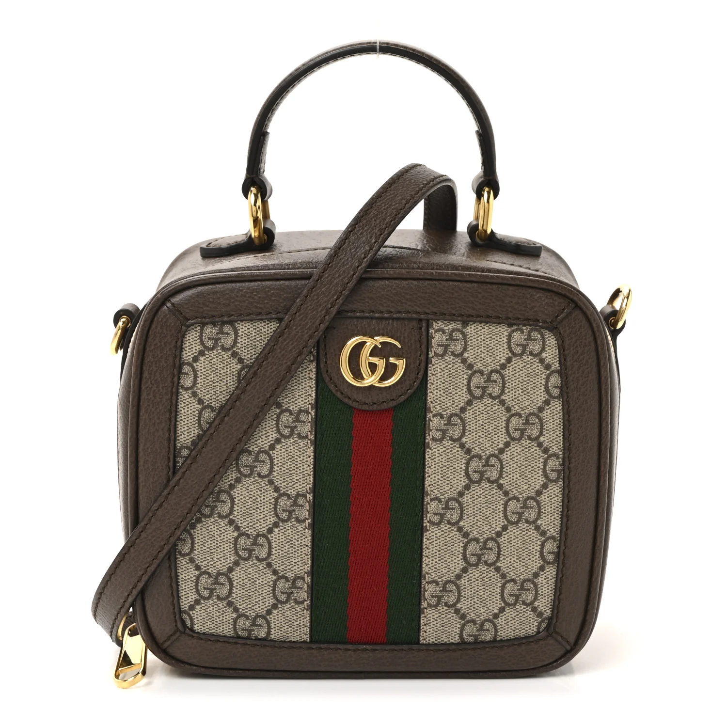 GG Supreme Monogram Textured Dollar Calfskin Mini Ophidia Top Handle Square Shoulder Bag Beige Ebony New Acero