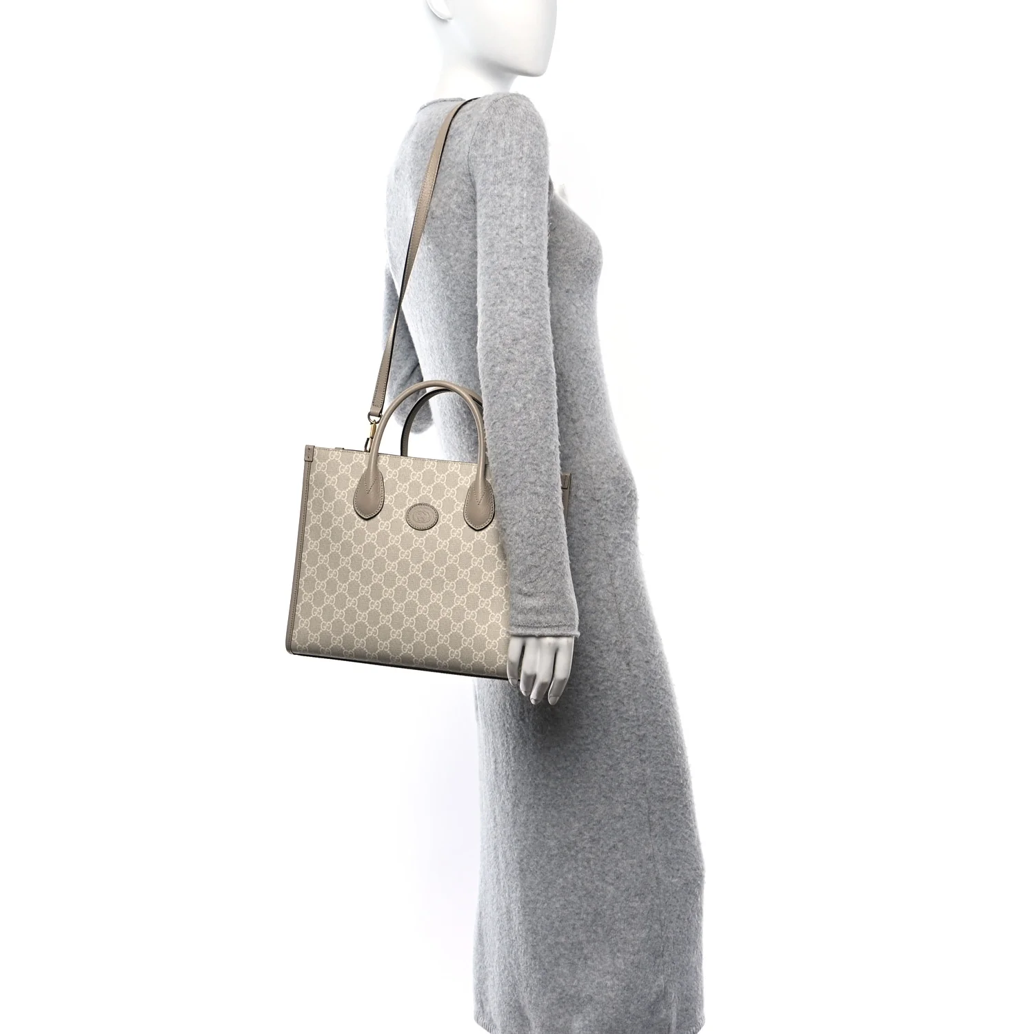GG Supreme Monogram Textured Dollar Calfskin Small Retro Interlocking G Tote Bag Beige Mystic White Oatmeal - Image 2
