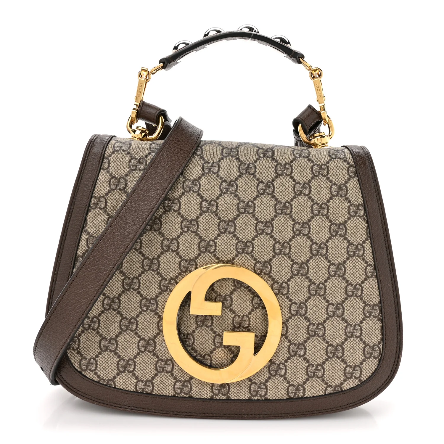 GG Supreme Monogram Textured Dollar Calfskin Web Medium Blondie Top Handle Shoulder Flap Bag Beige Ebony New Acero