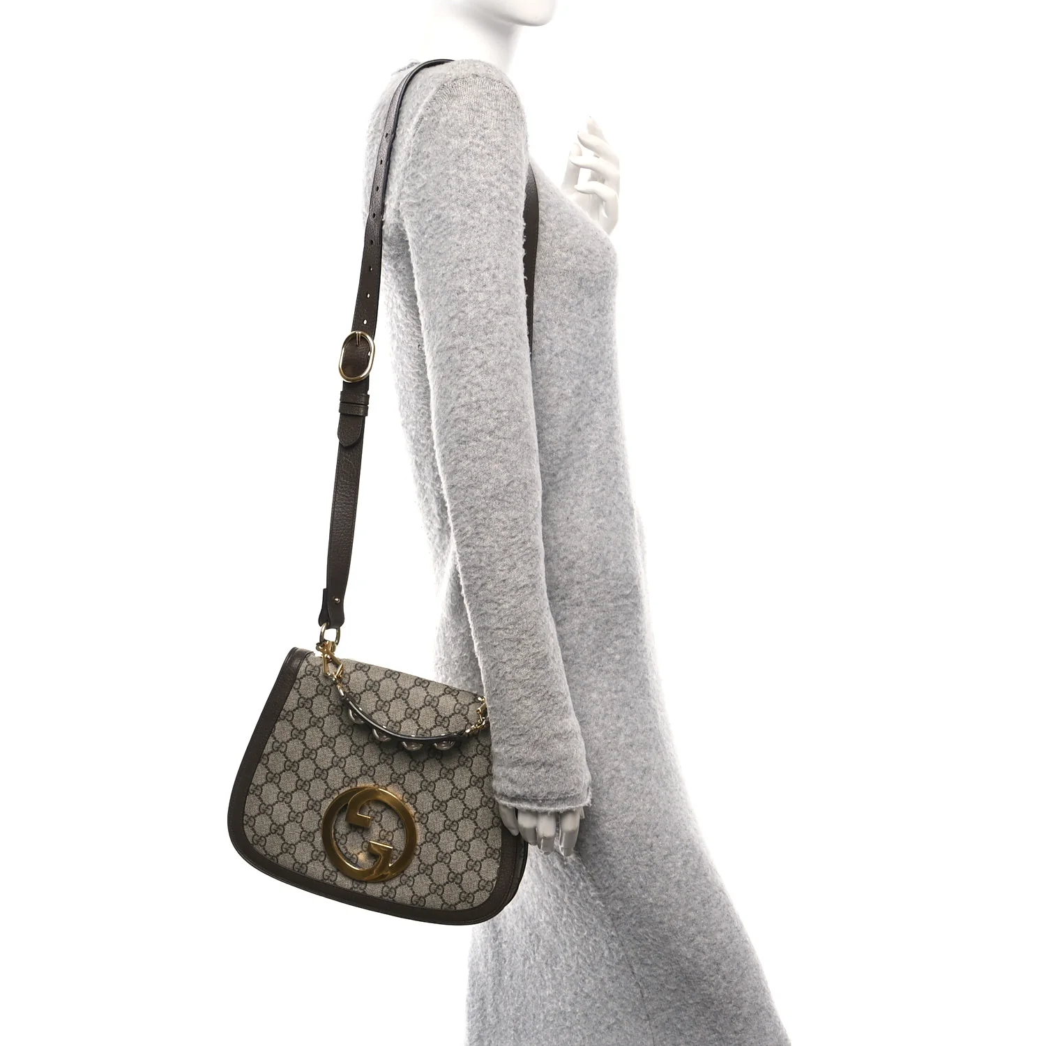 GG Supreme Monogram Textured Dollar Calfskin Web Medium Blondie Top Handle Shoulder Flap Bag Beige Ebony New Acero - Image 2