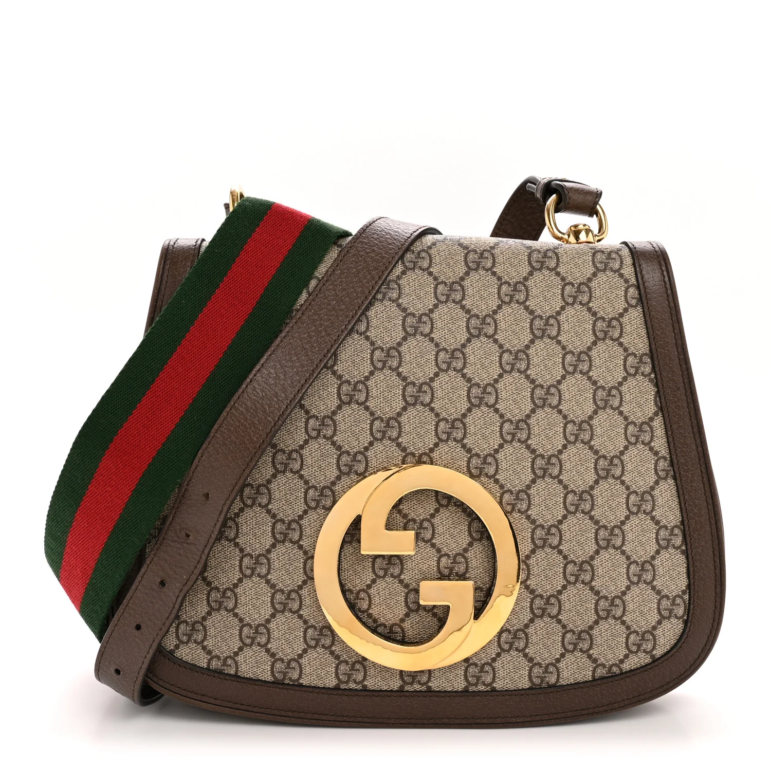 GG Supreme Monogram Textured Dollar Calfskin Web Medium Blondie Top Handle Shoulder Flap Bag Beige Ebony New Acero