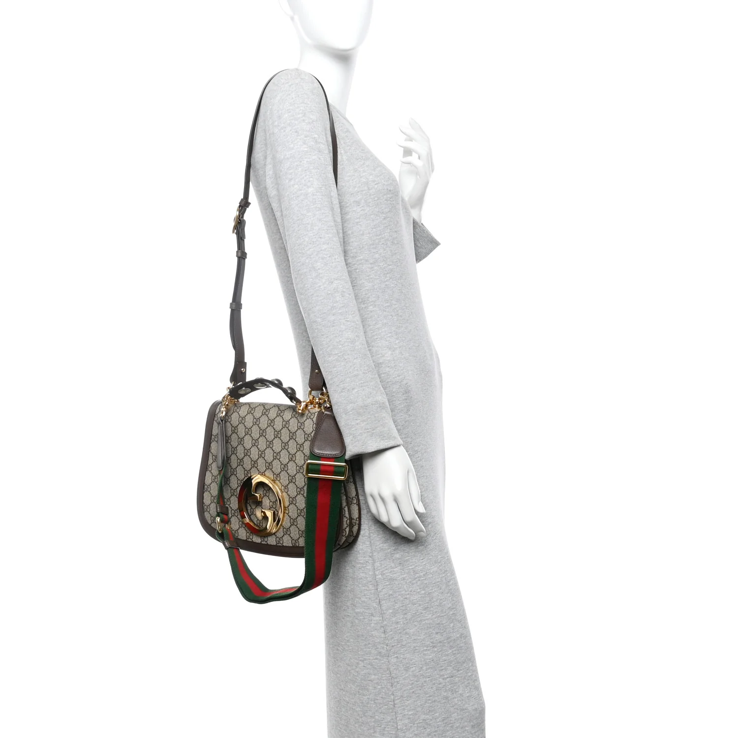 GG Supreme Monogram Textured Dollar Calfskin Web Medium Blondie Top Handle Shoulder Flap Bag Beige Ebony New Acero - Image 2
