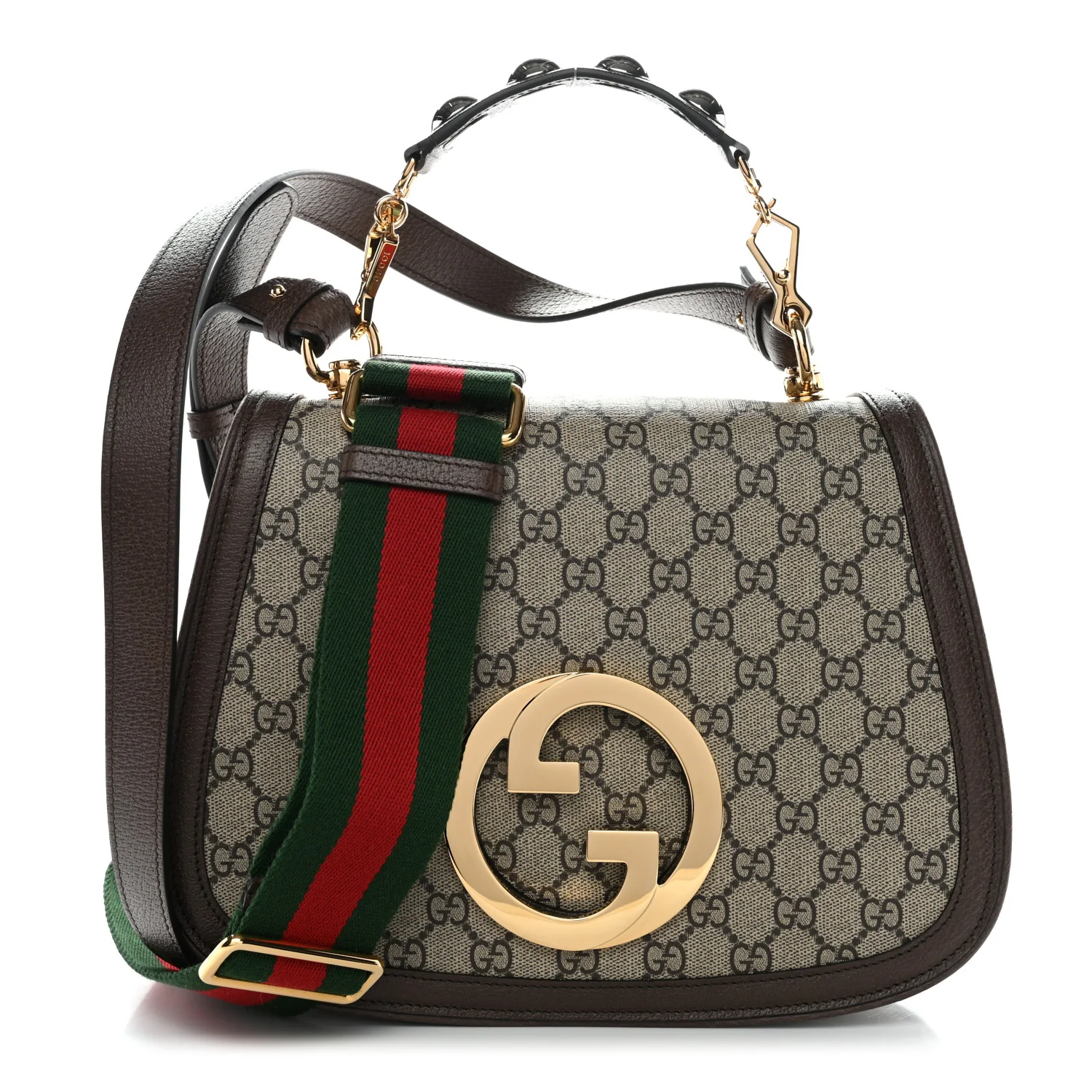 GG Supreme Monogram Textured Dollar Calfskin Web Medium Blondie Top Handle Shoulder Flap Bag Beige Ebony New Acero