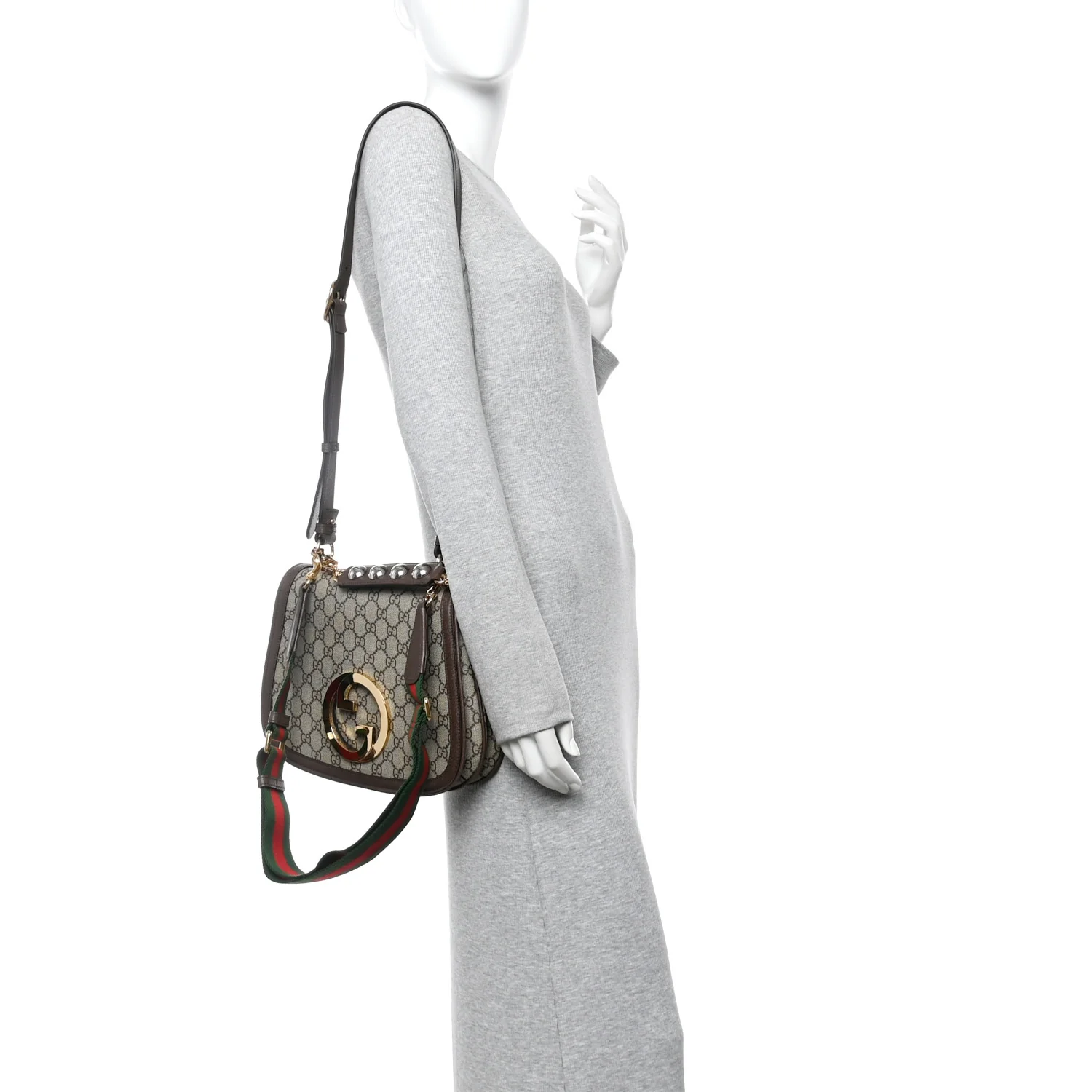 GG Supreme Monogram Textured Dollar Calfskin Web Medium Blondie Top Handle Shoulder Flap Bag Beige Ebony New Acero - Image 2