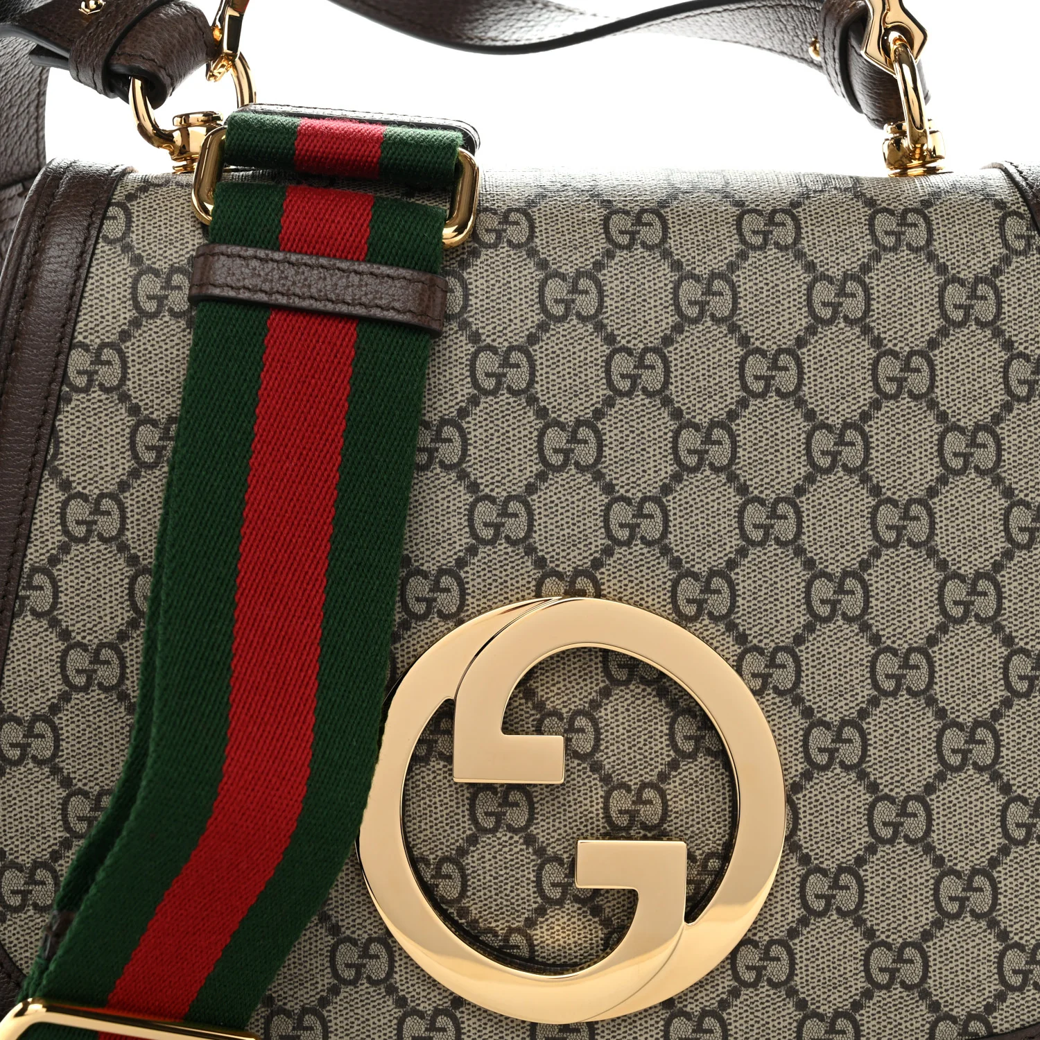 GG Supreme Monogram Textured Dollar Calfskin Web Medium Blondie Top Handle Shoulder Flap Bag Beige Ebony New Acero - Image 9