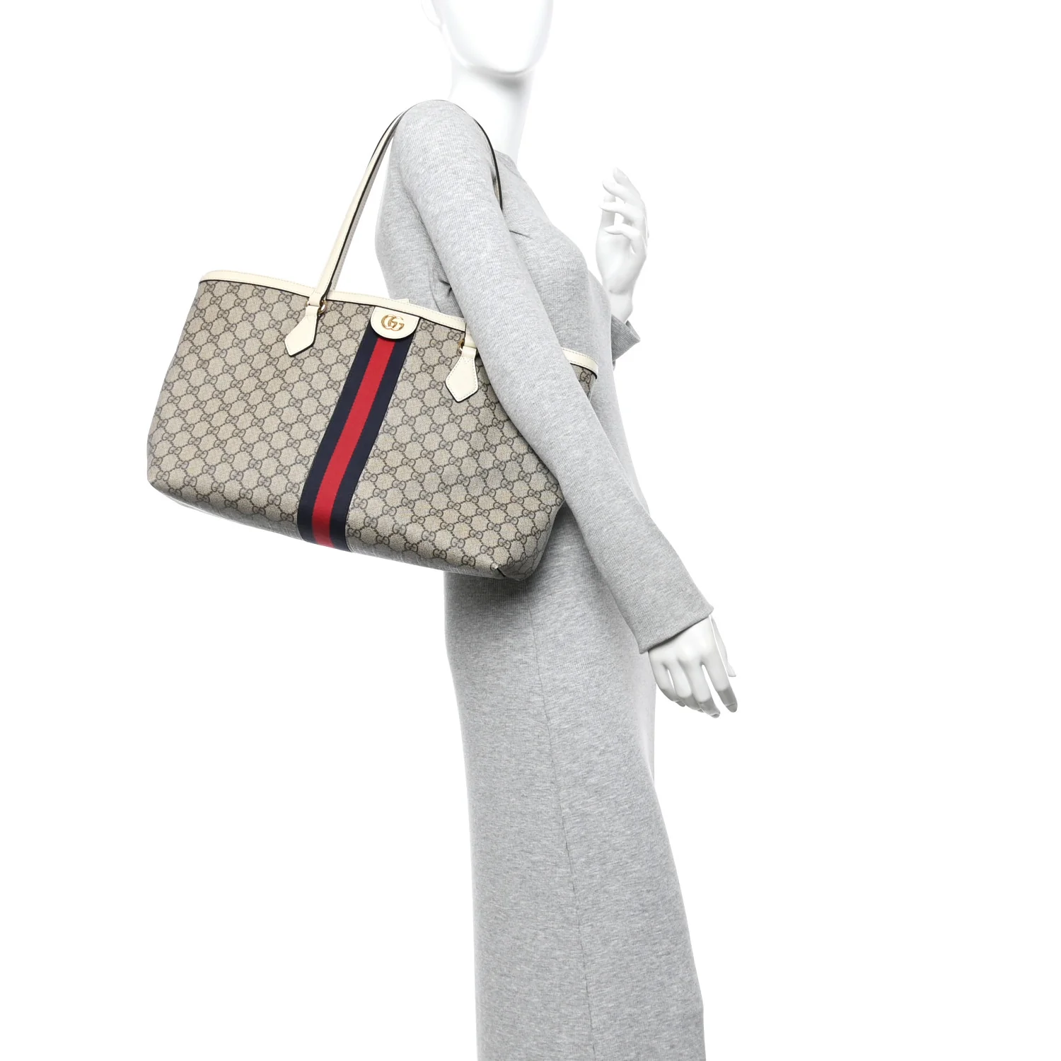 GG Supreme Monogram Textured Dollar Calfskin Web Medium Ophidia Shopping Tote Beige Ebony Mystic White - Image 2