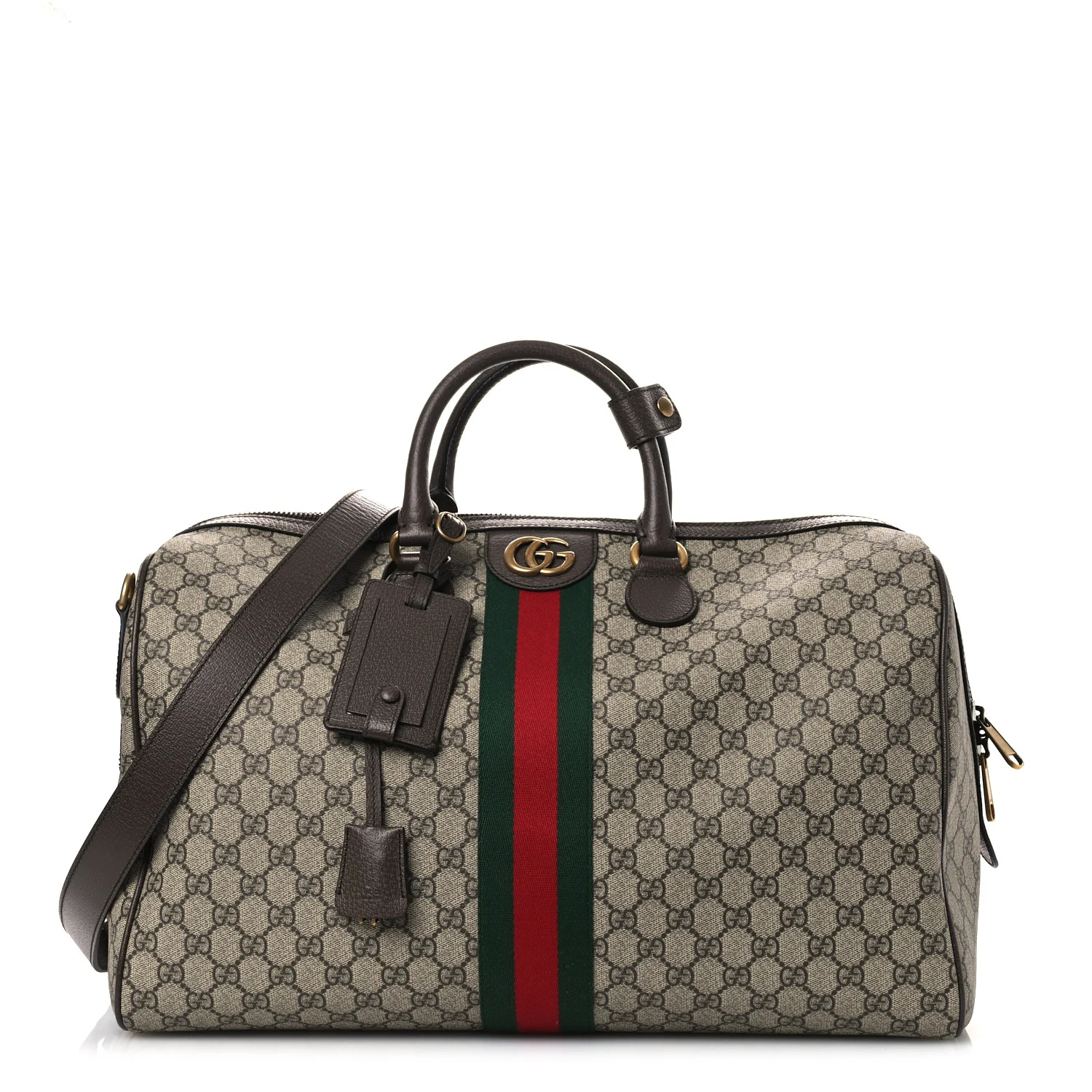 GG Supreme Monogram Textured Dollar Calfskin Web Medium Savoy Duffle Bag Beige Dark Brown