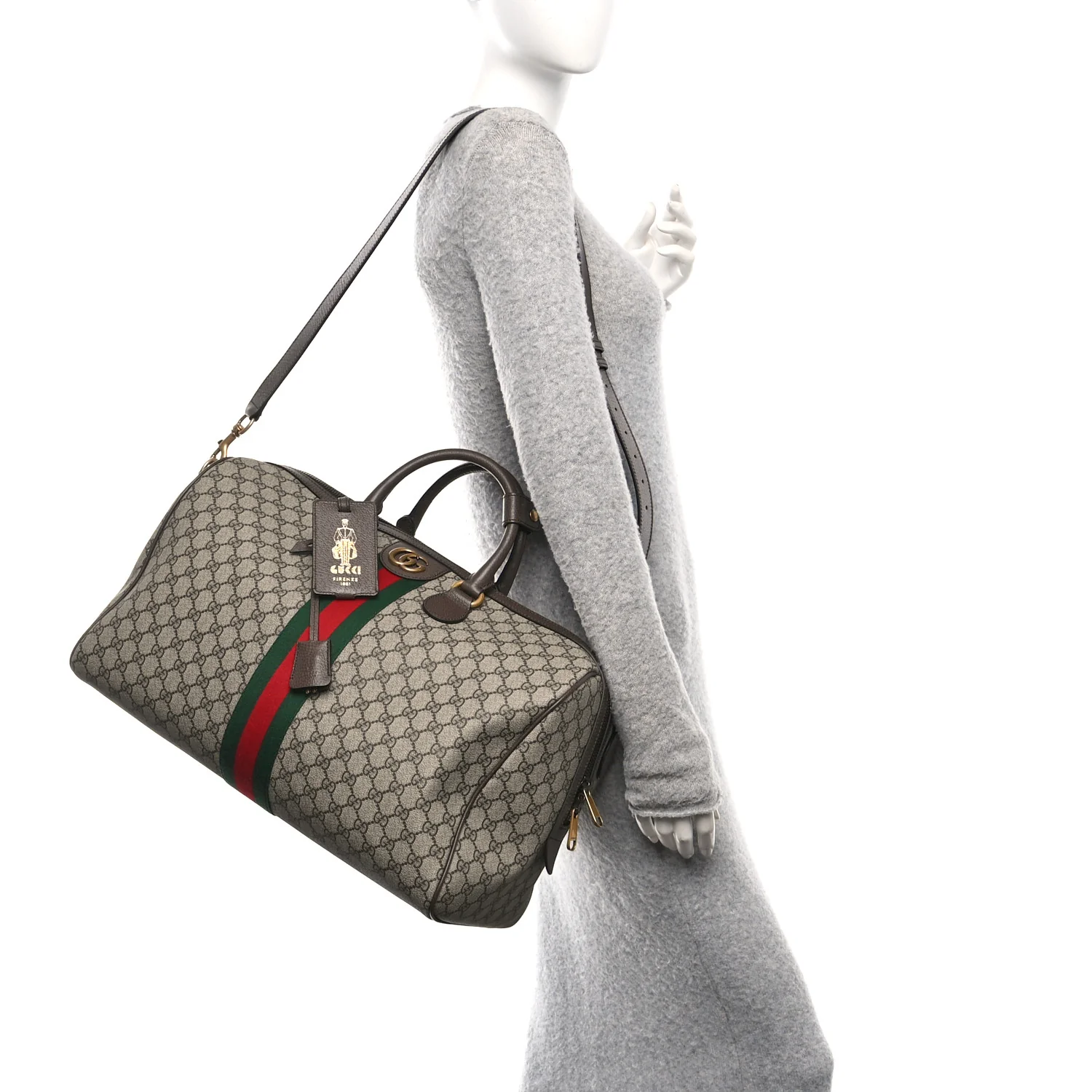 GG Supreme Monogram Textured Dollar Calfskin Web Medium Savoy Duffle Bag Beige Dark Brown - Image 2
