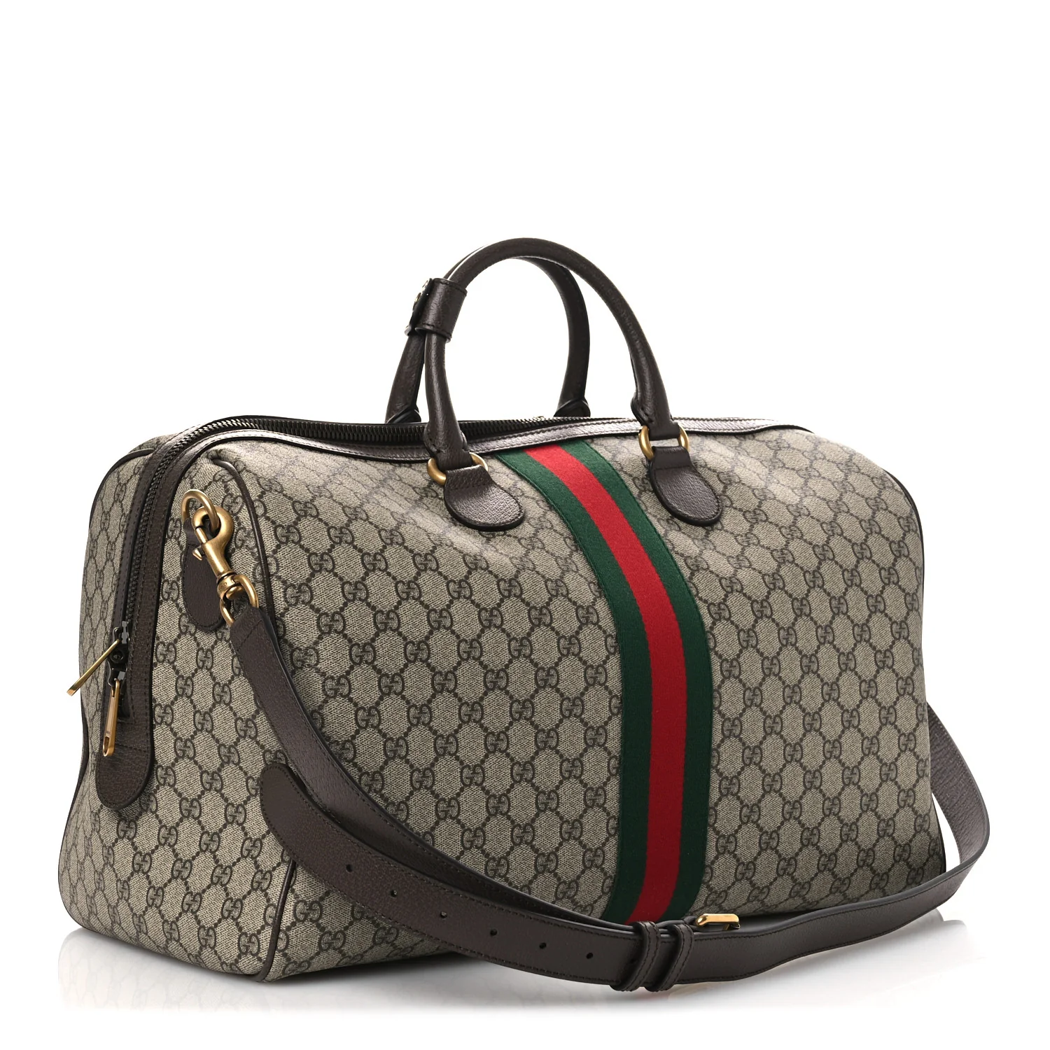 GG Supreme Monogram Textured Dollar Calfskin Web Medium Savoy Duffle Bag Beige Dark Brown - Image 3