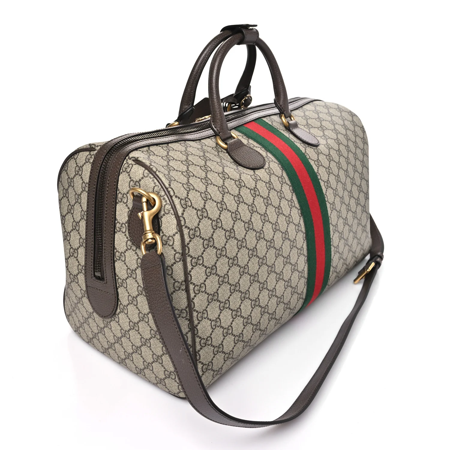 GG Supreme Monogram Textured Dollar Calfskin Web Medium Savoy Duffle Bag Beige Dark Brown - Image 2