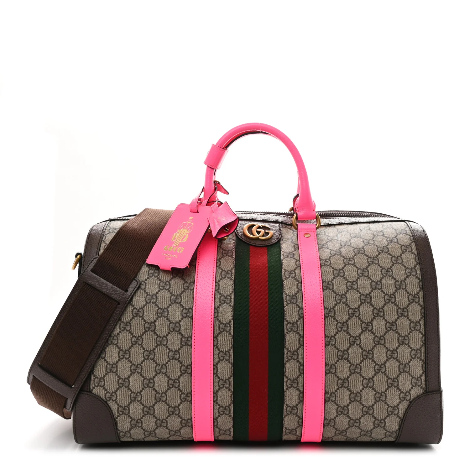 GG Supreme Monogram Textured Dollar Calfskin Web Medium Savoy Duffle Bag Beige Ebony Fluorescent Fuchsia