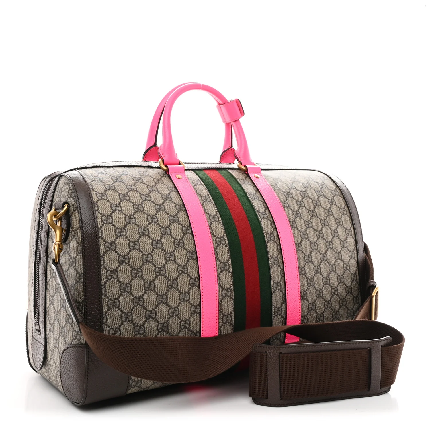 GG Supreme Monogram Textured Dollar Calfskin Web Medium Savoy Duffle Bag Beige Ebony Fluorescent Fuchsia - Image 2