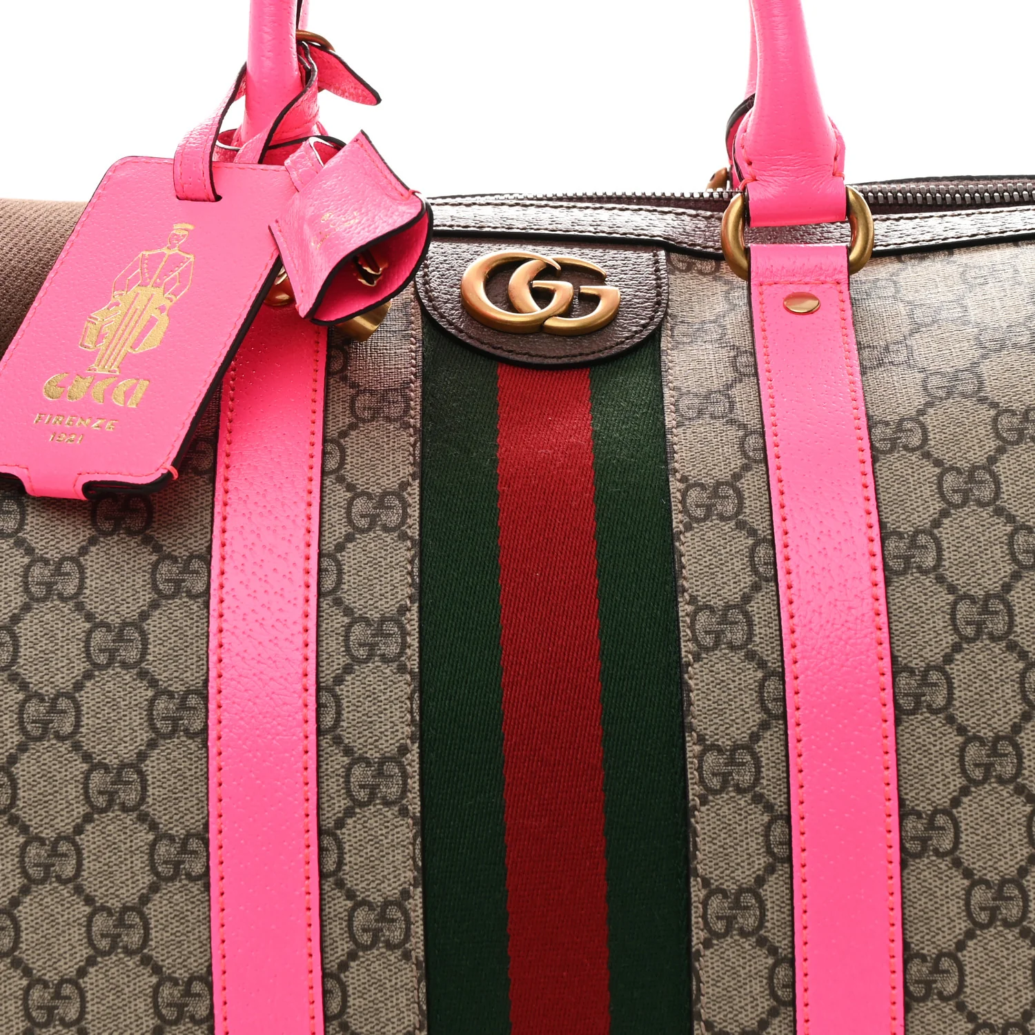 GG Supreme Monogram Textured Dollar Calfskin Web Medium Savoy Duffle Bag Beige Ebony Fluorescent Fuchsia - Image 7