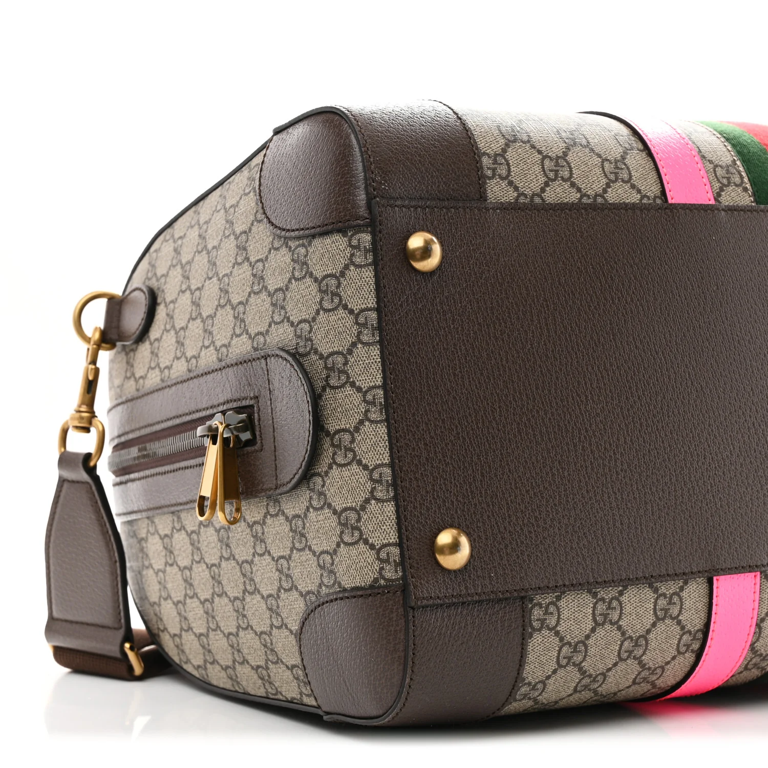 GG Supreme Monogram Textured Dollar Calfskin Web Medium Savoy Duffle Bag Beige Ebony Fluorescent Fuchsia - Image 8
