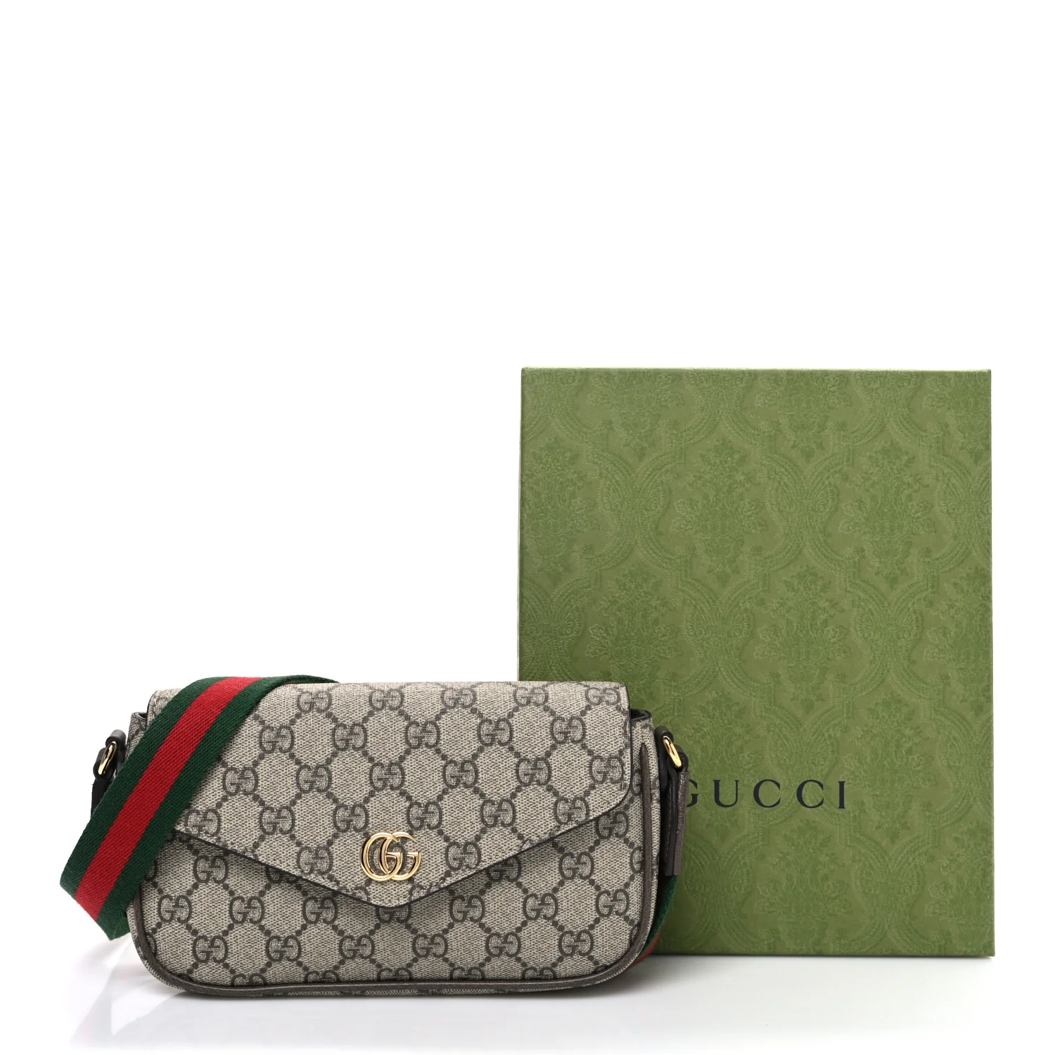 GG Supreme Monogram Textured Dollar Calfskin Web Mini Ophidia Envelope Shoulder Bag Beige Ebony New Acero - Image 11