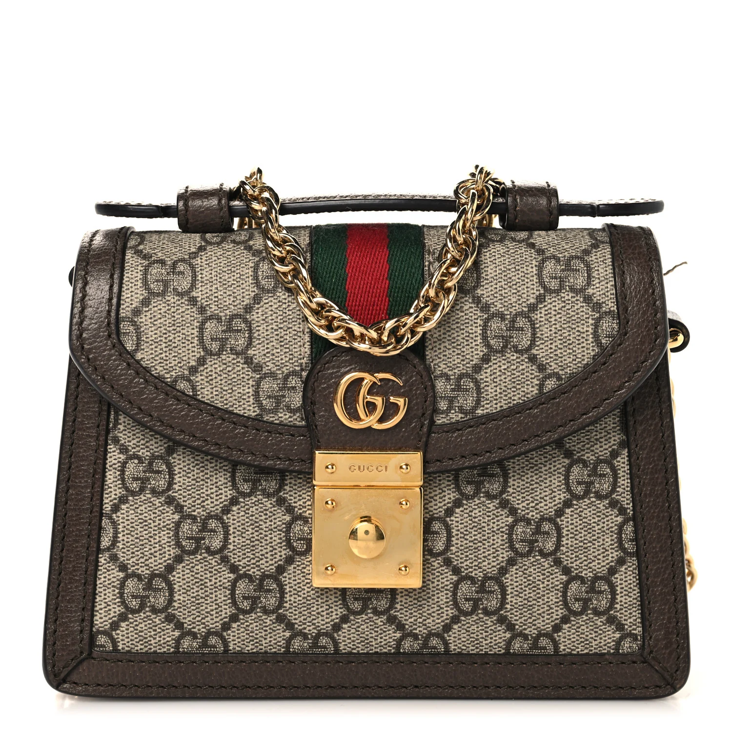 GG Supreme Monogram Textured Dollar Calfskin Web Mini Ophidia Padlock Top Handle Chain Shoulder Bag Beige Ebony New Acero