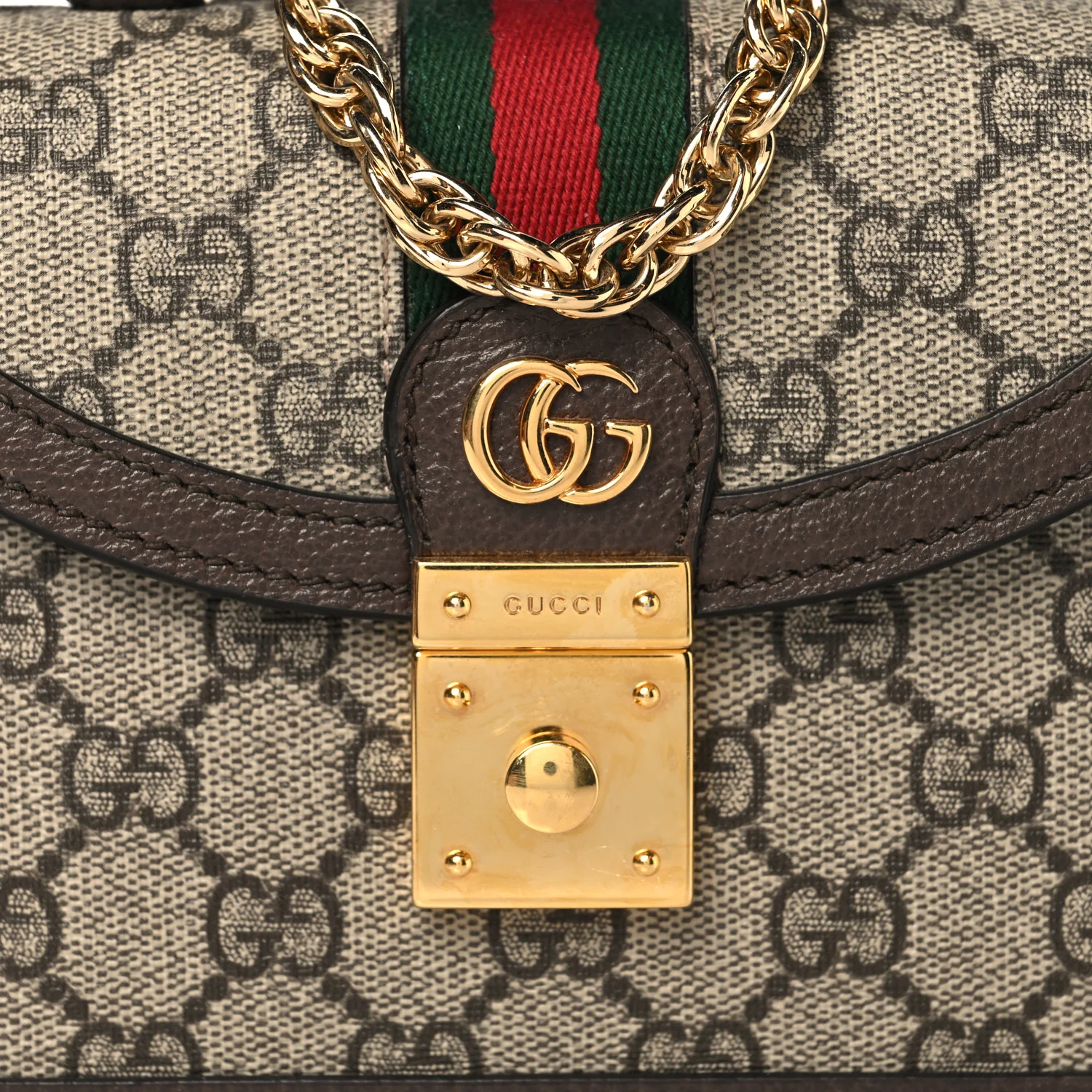 GG Supreme Monogram Textured Dollar Calfskin Web Mini Ophidia Padlock Top Handle Chain Shoulder Bag Beige Ebony New Acero - Image 8
