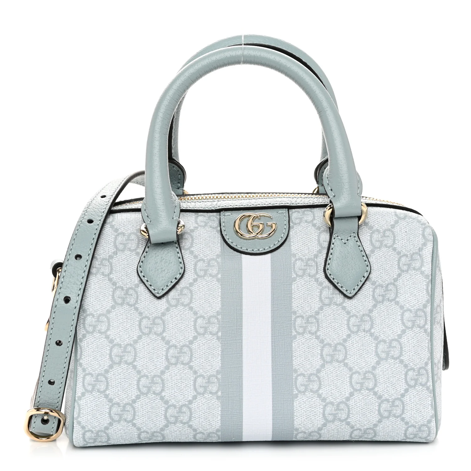 GG Supreme Monogram Textured Dollar Calfskin Web Mini Ophidia Top Handle Bag Dusty Blue