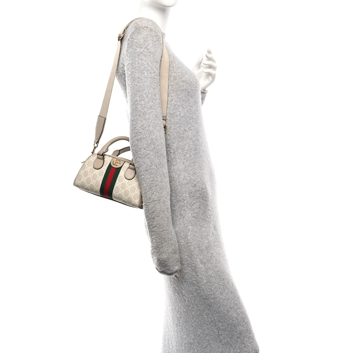 GG Supreme Monogram Textured Dollar Calfskin Web Mini Ophidia Top Handle Bowler Bag Beige Mystic White Oatmeal - Image 2