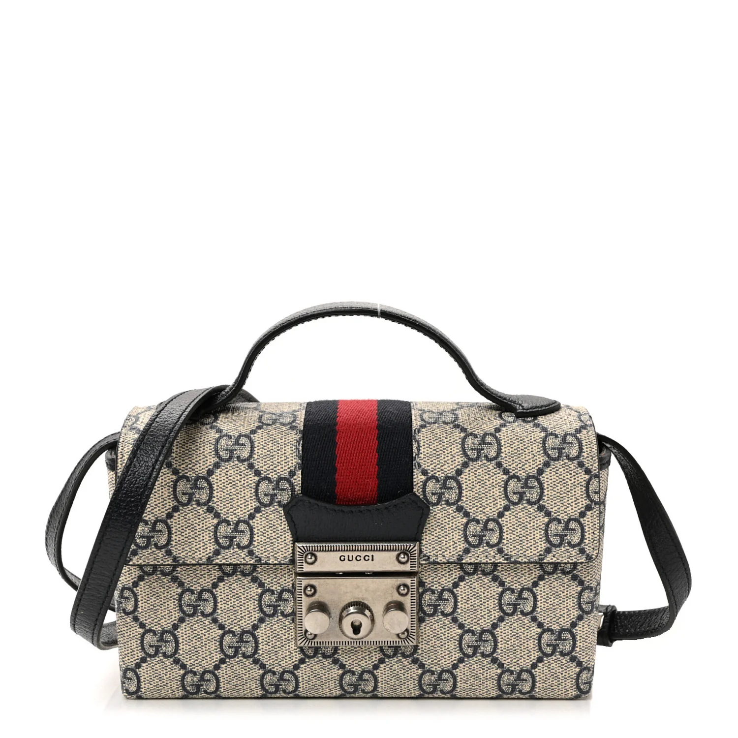 GG Supreme Monogram Textured Dollar Calfskin Web Mini Padlock Top Handle Shoulder Bag Beige Blue