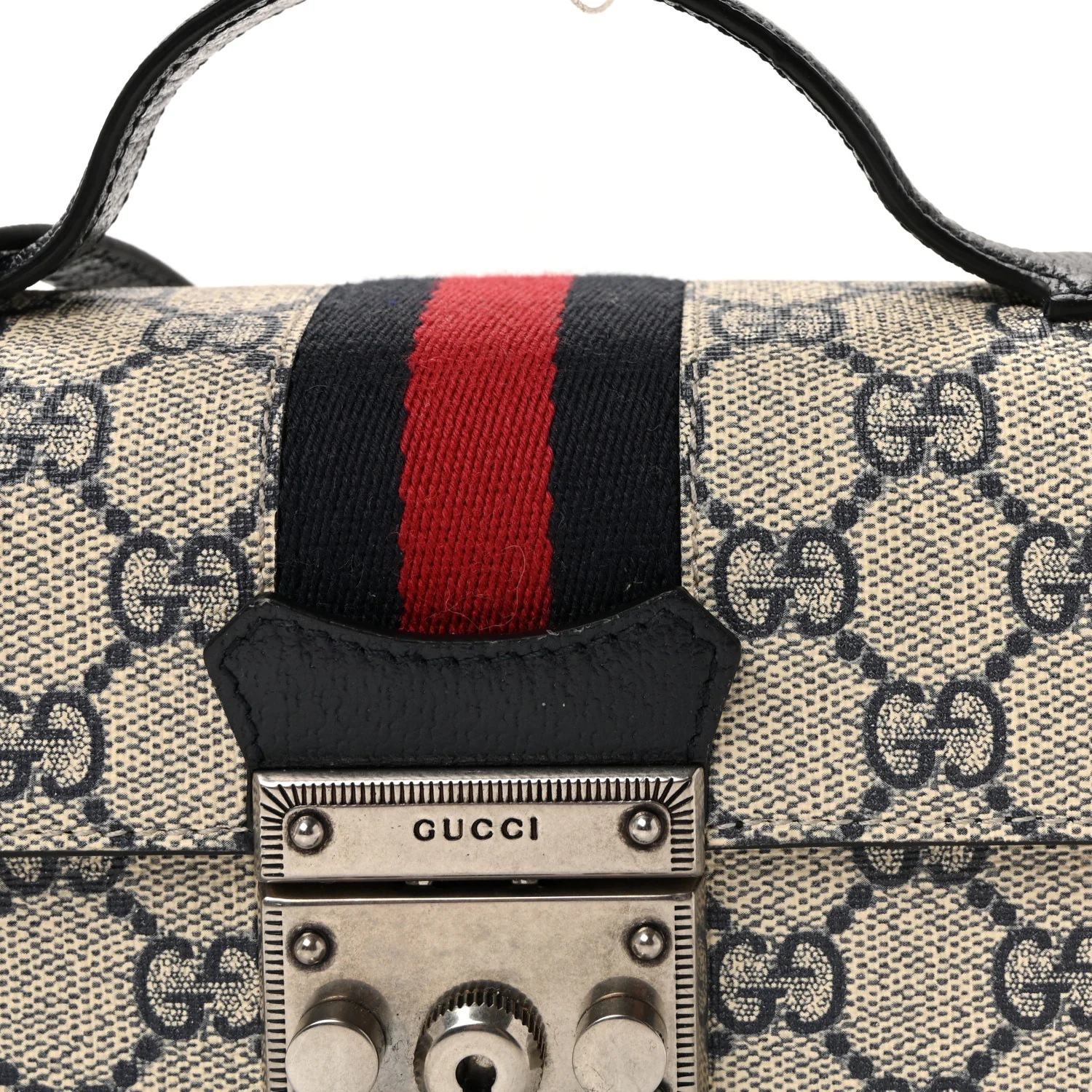 GG Supreme Monogram Textured Dollar Calfskin Web Mini Padlock Top Handle Shoulder Bag Beige Blue - Image 7