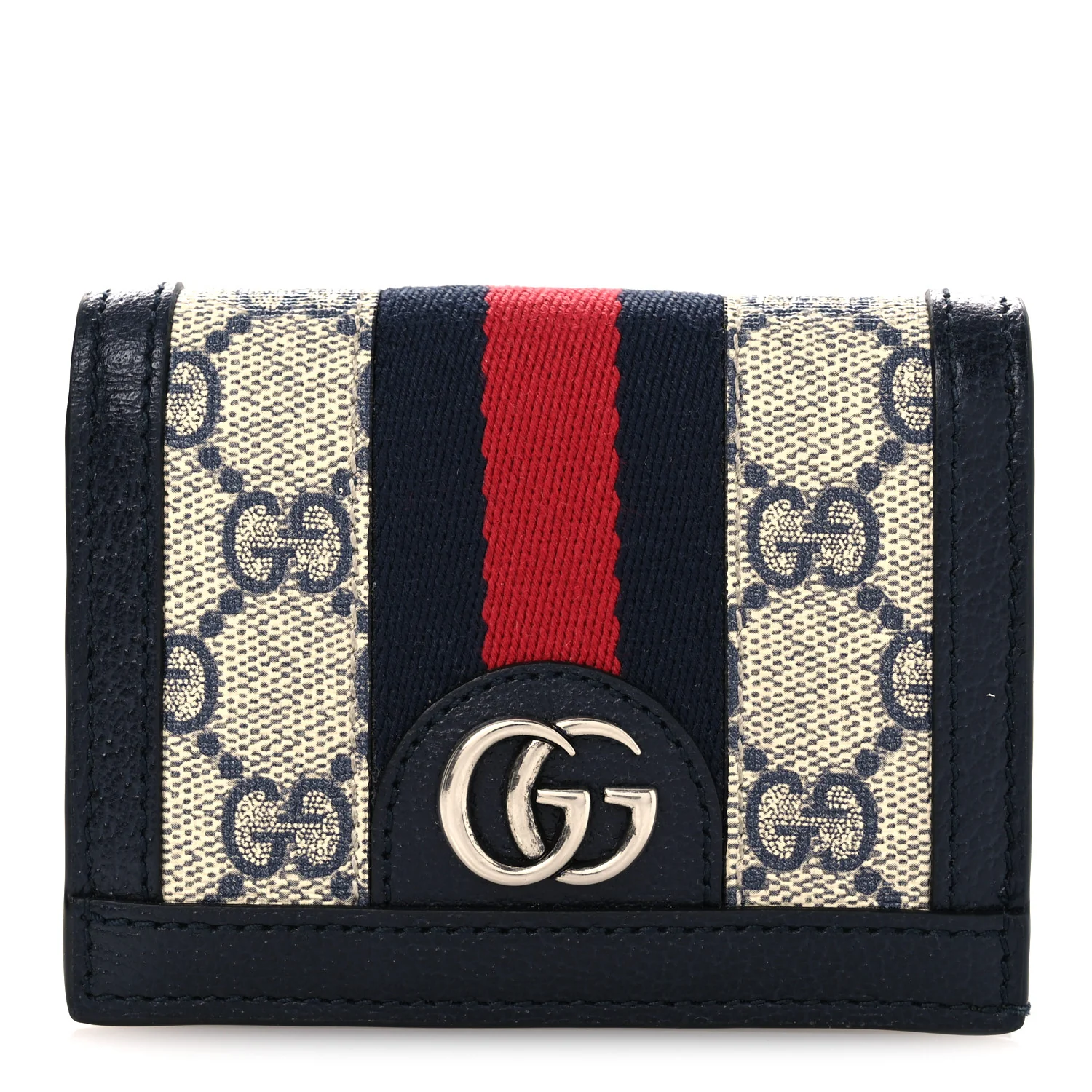 GG Supreme Monogram Textured Dollar Calfskin Web Ophidia Card Case Beige Blue