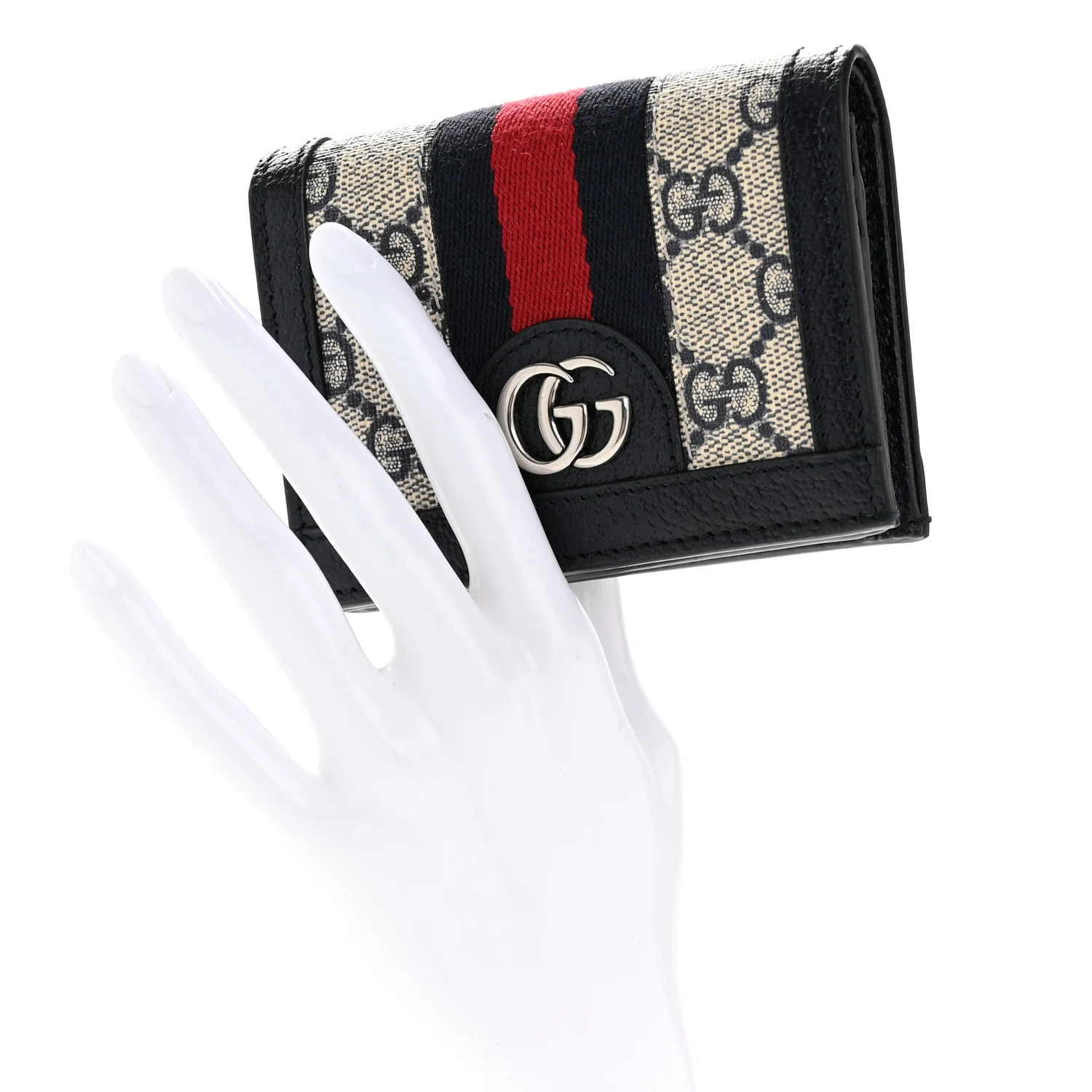 GG Supreme Monogram Textured Dollar Calfskin Web Ophidia Card Case Beige Blue - Image 2