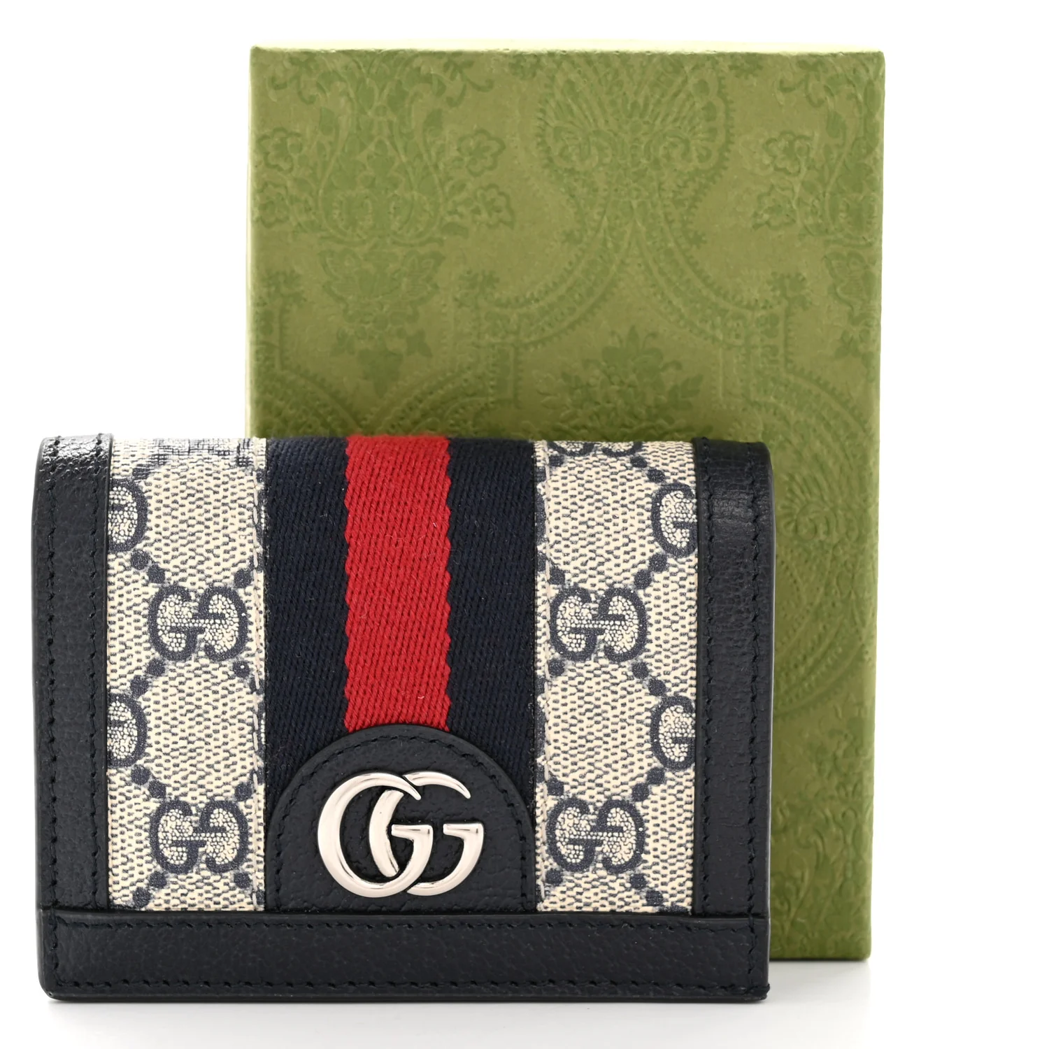 GG Supreme Monogram Textured Dollar Calfskin Web Ophidia Card Case Beige Blue - Image 9