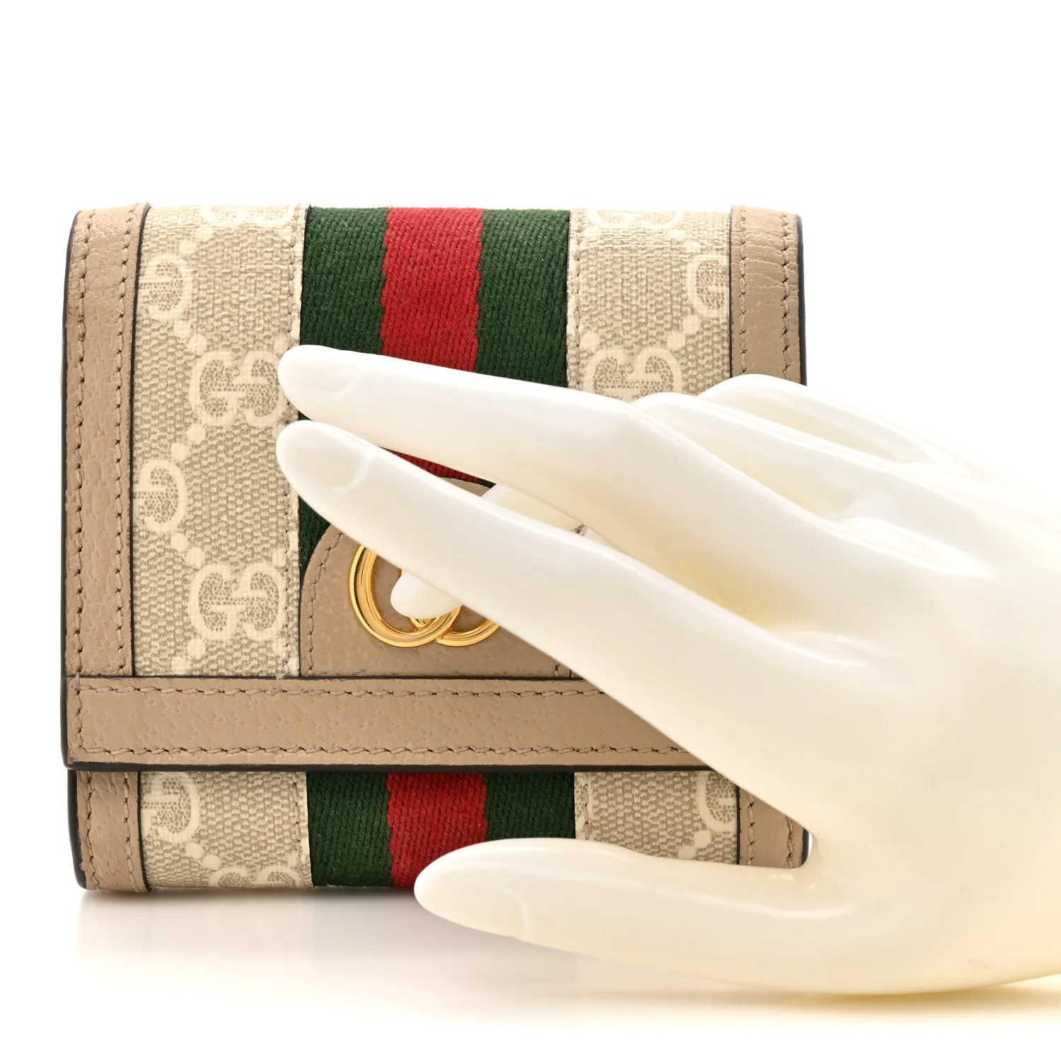 GG Supreme Monogram Textured Dollar Calfskin Web Ophidia Card Case Wallet Beige Mystic White Oatmeal - Image 2