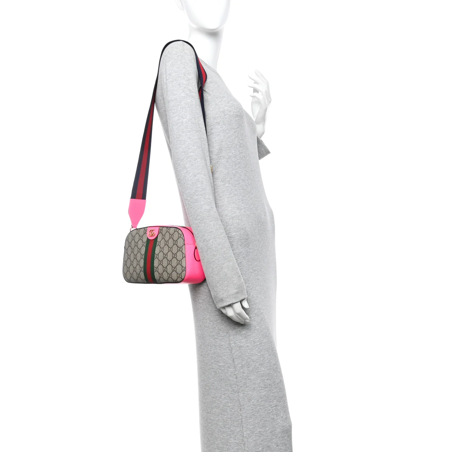 GG Supreme Monogram Textured Dollar Calfskin Web Ophidia Small Crossbody Bag Beige Ebony Fuchsia - Image 2