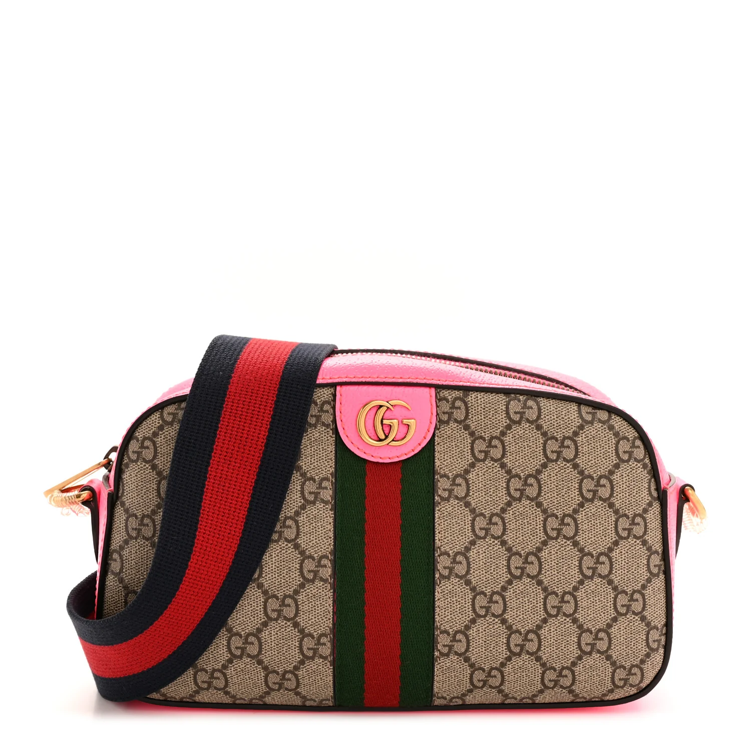 GG Supreme Monogram Textured Dollar Calfskin Web Ophidia Small Crossbody Bag Beige Ebony Fuchsia
