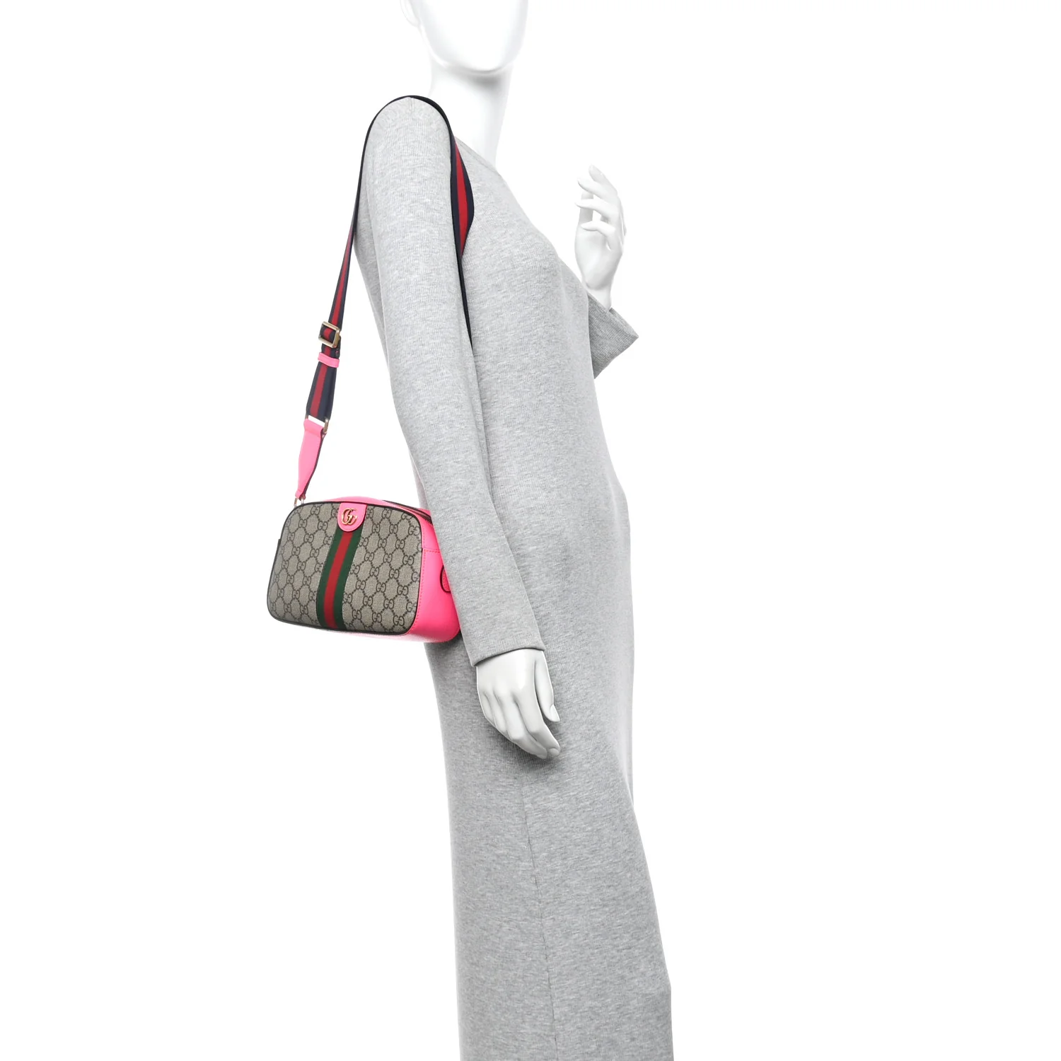 GG Supreme Monogram Textured Dollar Calfskin Web Ophidia Small Crossbody Bag Beige Ebony Fuchsia - Image 2