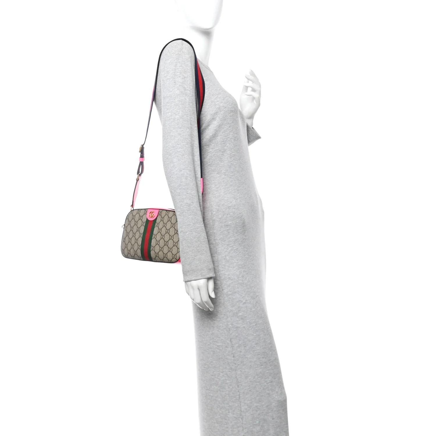 GG Supreme Monogram Textured Dollar Calfskin Web Ophidia Small Crossbody Bag Beige Ebony Fuchsia - Image 2