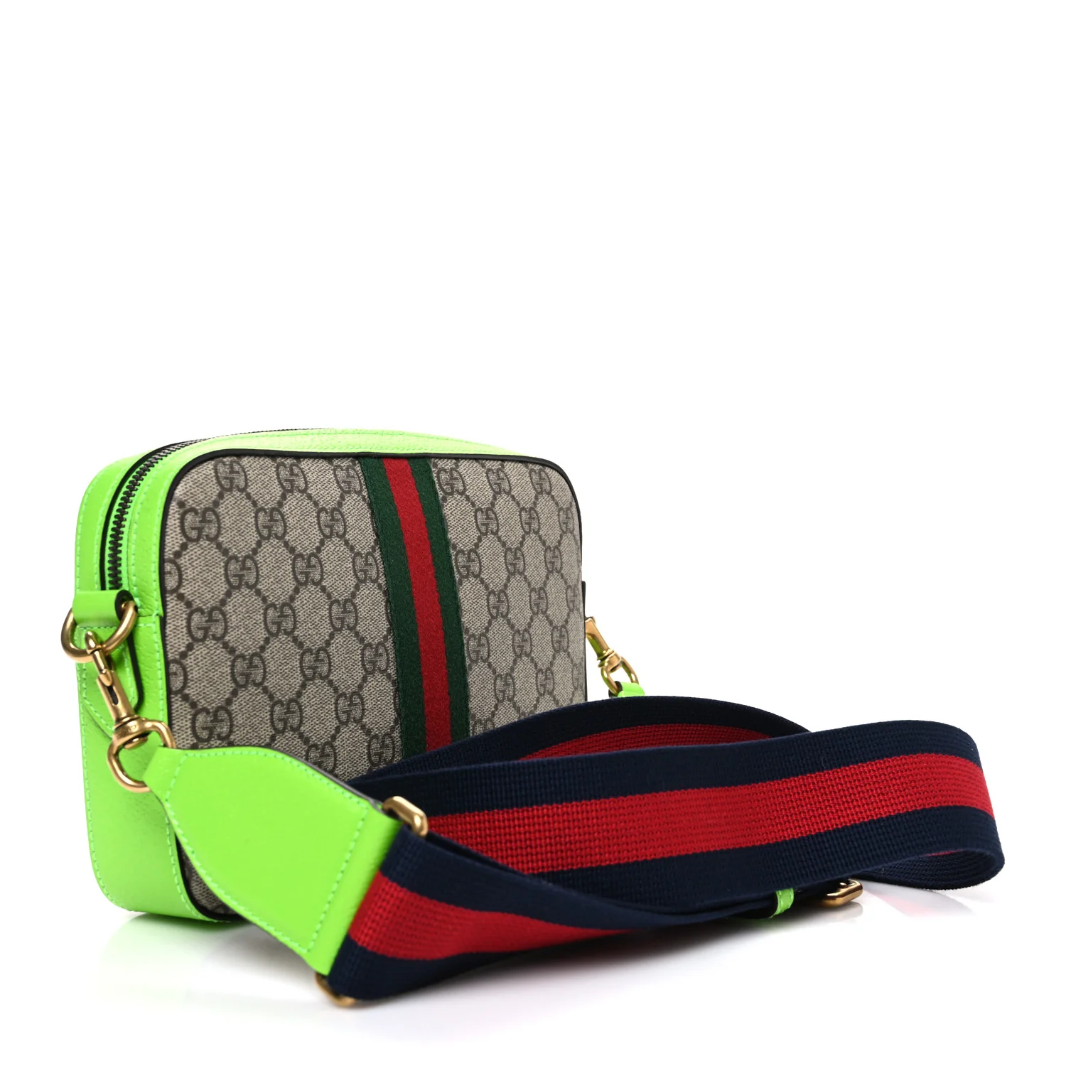 GG Supreme Monogram Textured Dollar Calfskin Web Ophidia Wristlet Shoulder Bag Beige Ebony Green - Image 3