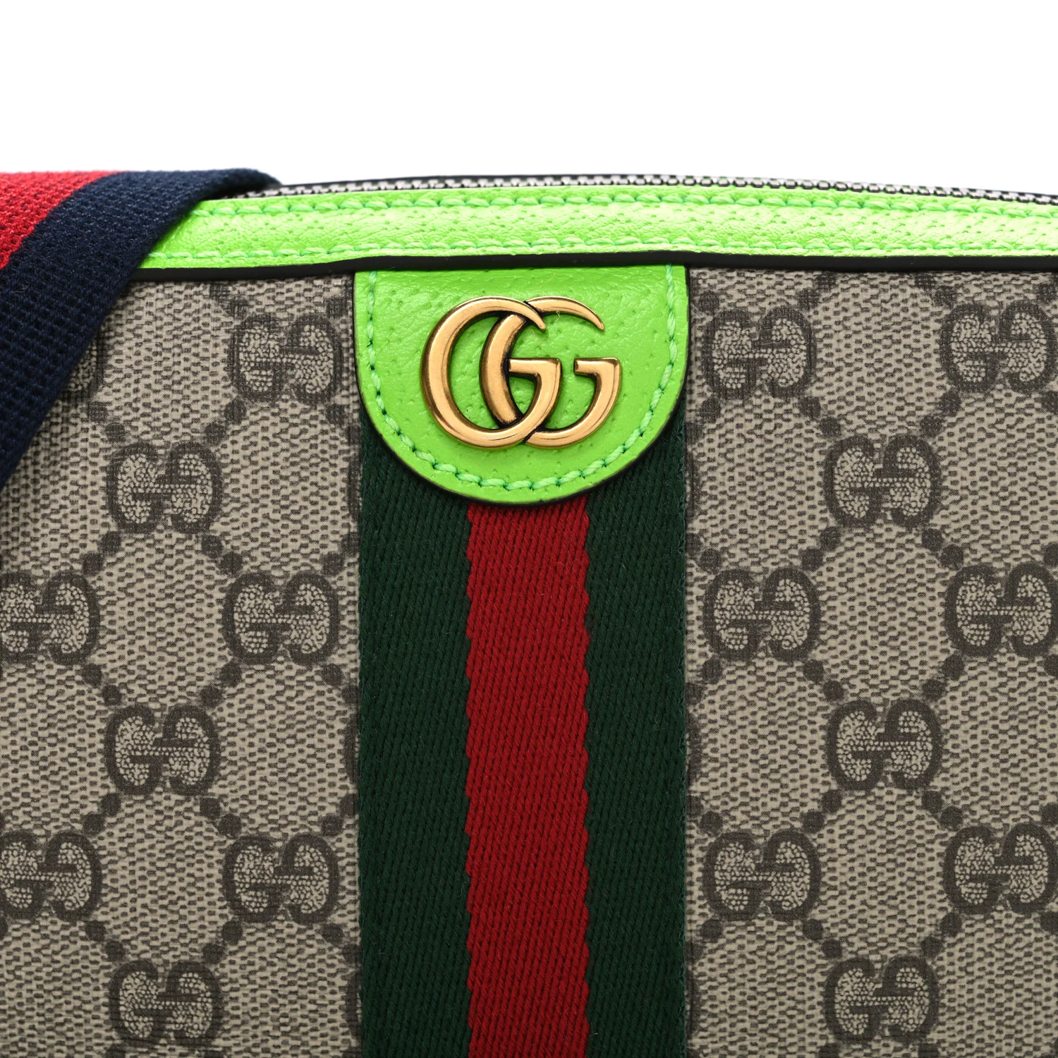 GG Supreme Monogram Textured Dollar Calfskin Web Ophidia Wristlet Shoulder Bag Beige Ebony Green - Image 8