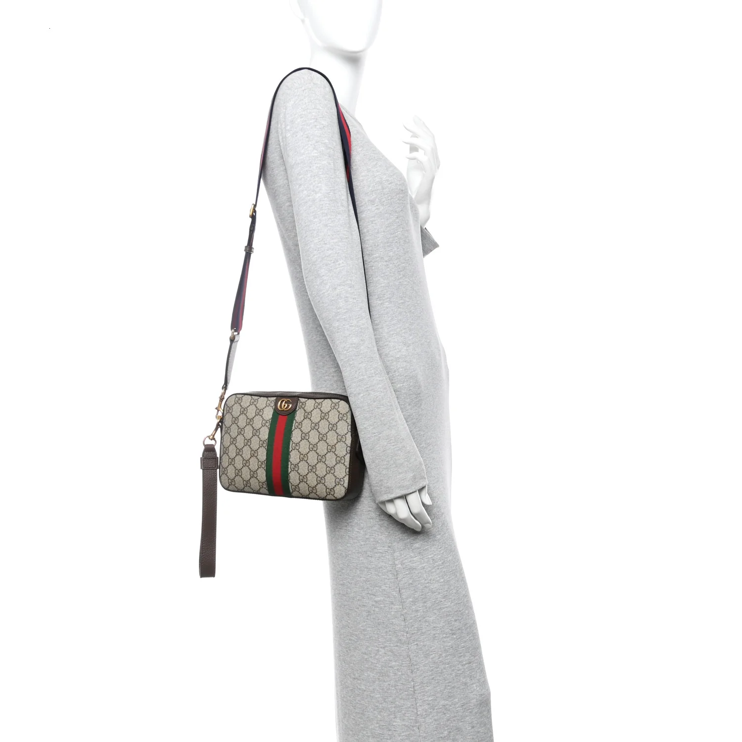 GG Supreme Monogram Textured Dollar Calfskin Web Ophidia Wristlet Shoulder Bag Beige Ebony New Acero - Image 2