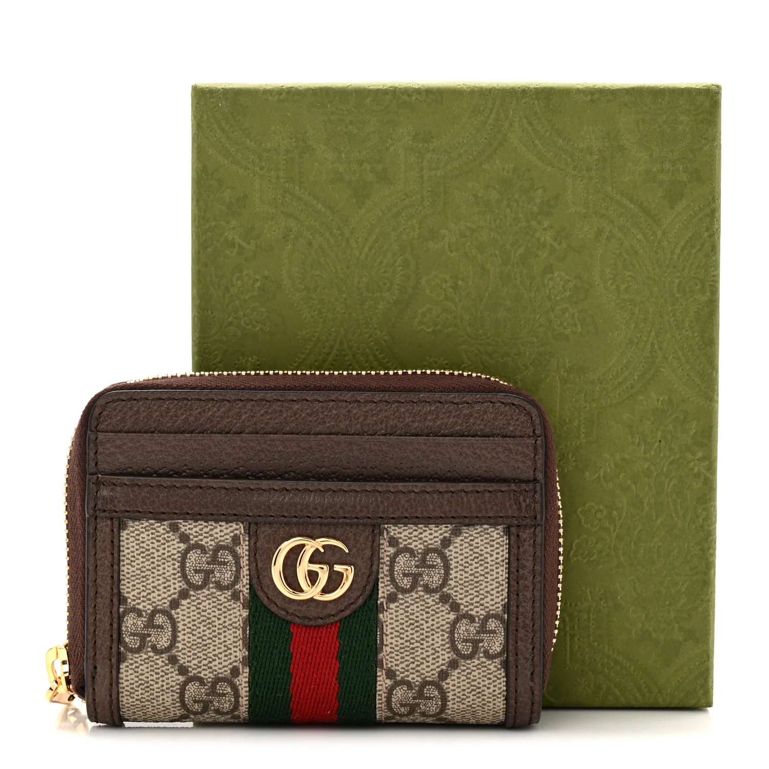 GG Supreme Monogram Textured Dollar Calfskin Web Ophidia Zip Around Card Case Wallet Beige Ebony New Acero - Image 8
