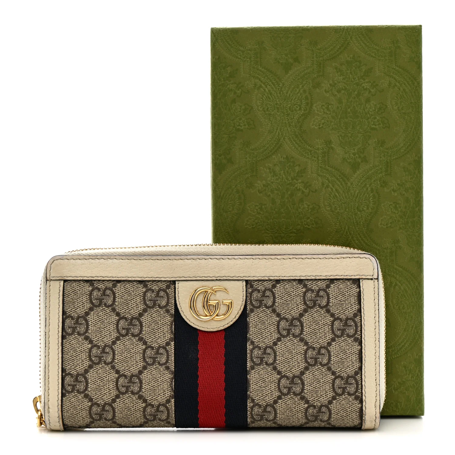 GG Supreme Monogram Textured Dollar Calfskin Web Ophidia Zip Around Wallet Beige Ebony Mystic White - Image 13