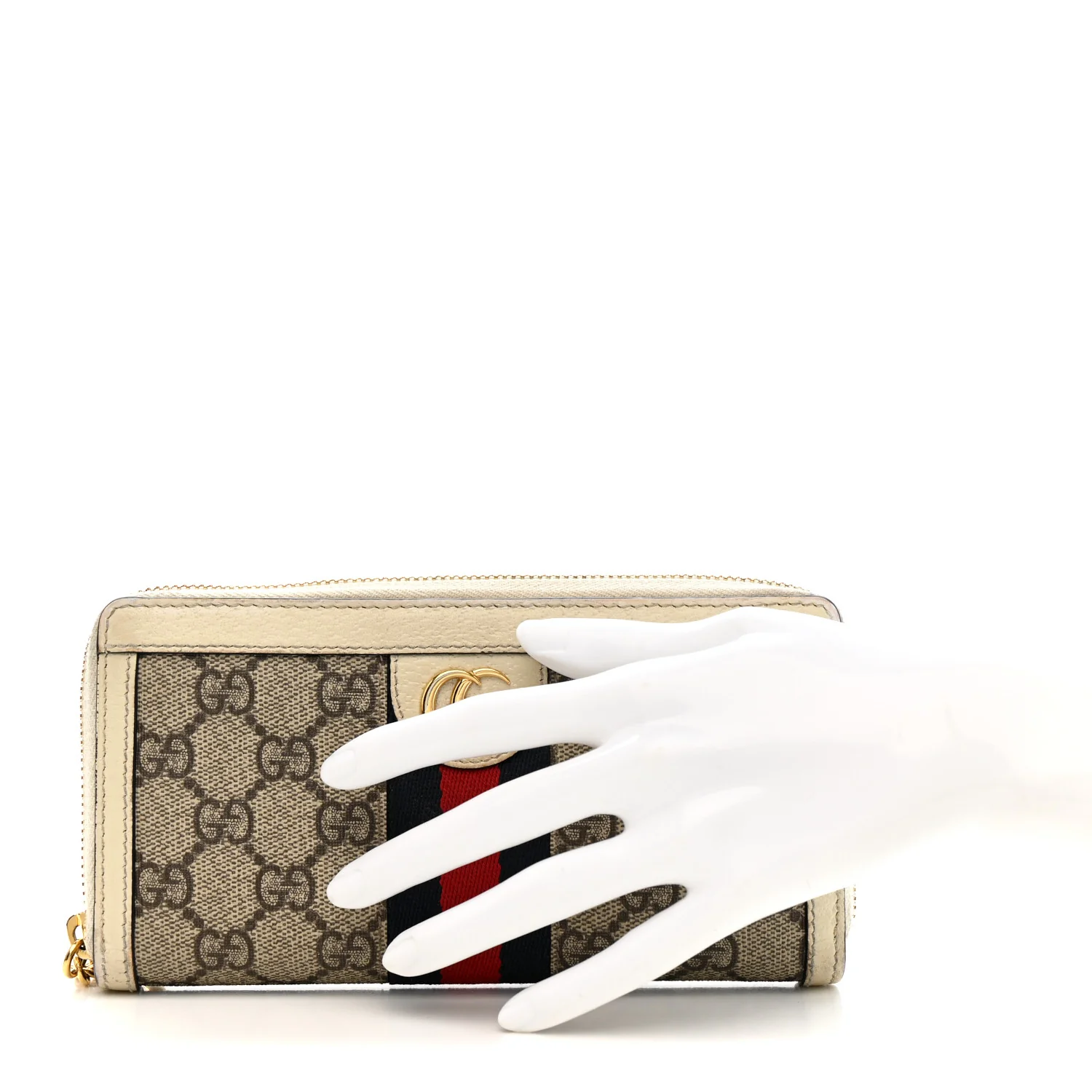 GG Supreme Monogram Textured Dollar Calfskin Web Ophidia Zip Around Wallet Beige Ebony Mystic White - Image 2