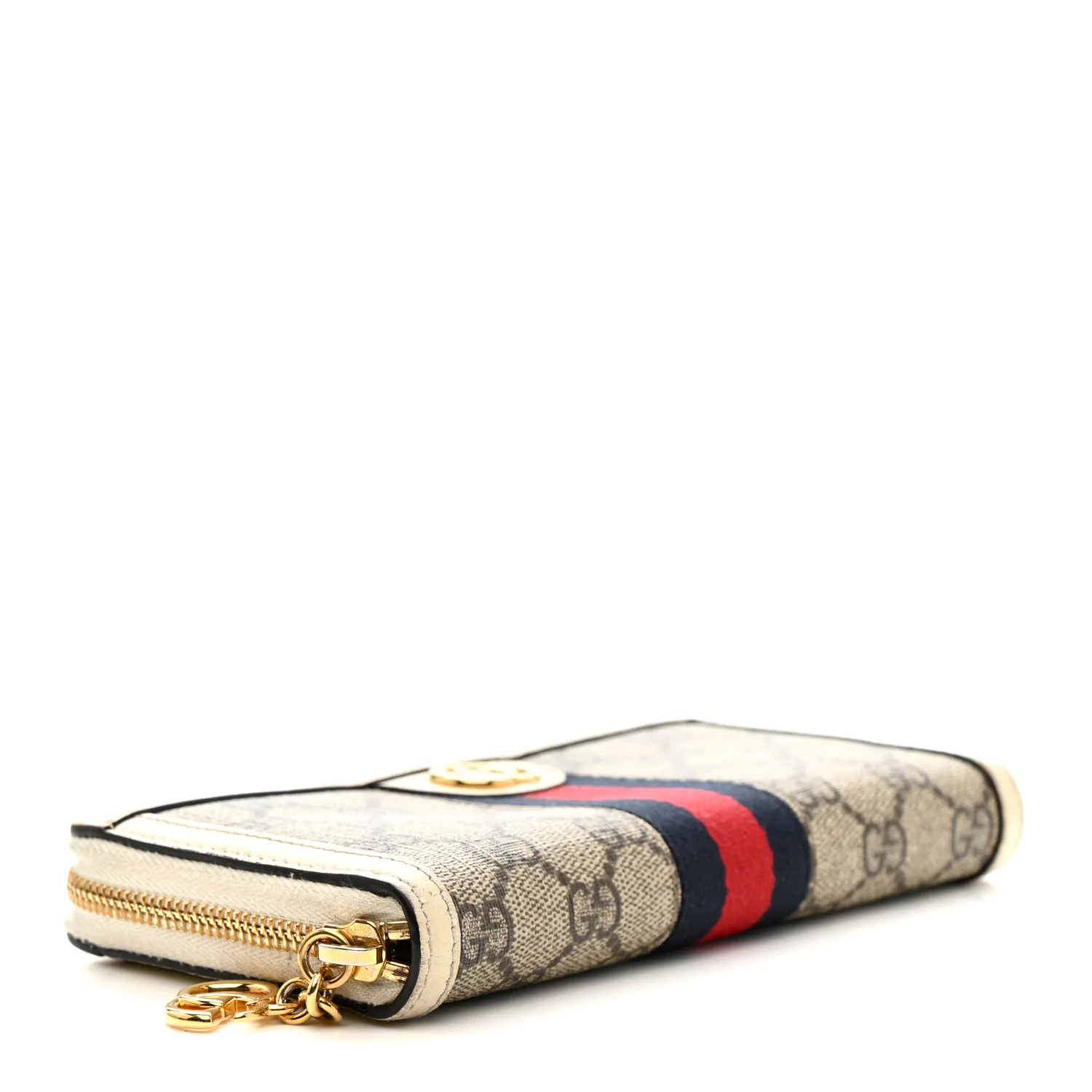 GG Supreme Monogram Textured Dollar Calfskin Web Ophidia Zip Around Wallet Beige Ebony Mystic White - Image 4