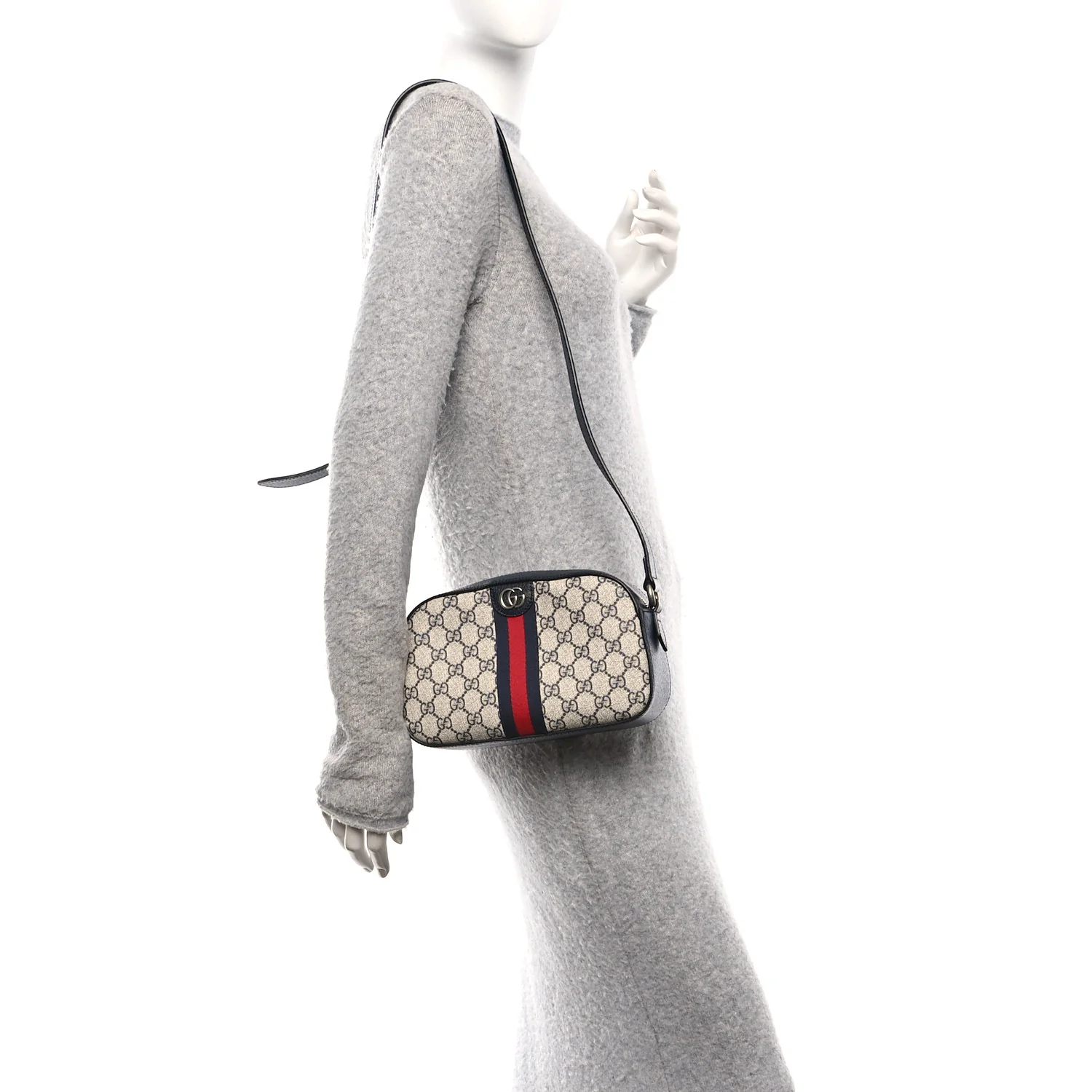 GG Supreme Monogram Textured Dollar Calfskin Web Small Ophidia Camera Bag Beige Blue - Image 2