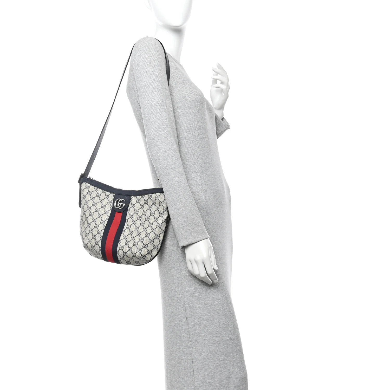 GG Supreme Monogram Textured Dollar Calfskin Web Small Ophidia Half Moon Hobo Beige Blue - Image 2