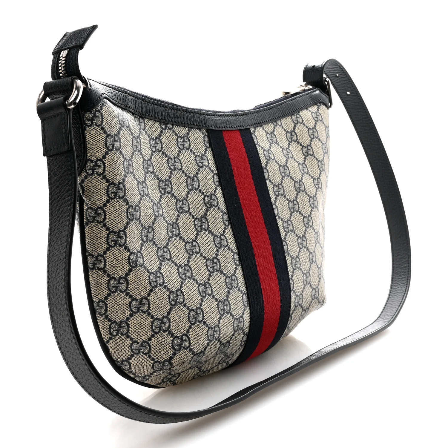 GG Supreme Monogram Textured Dollar Calfskin Web Small Ophidia Half Moon Hobo Beige Blue - Image 3